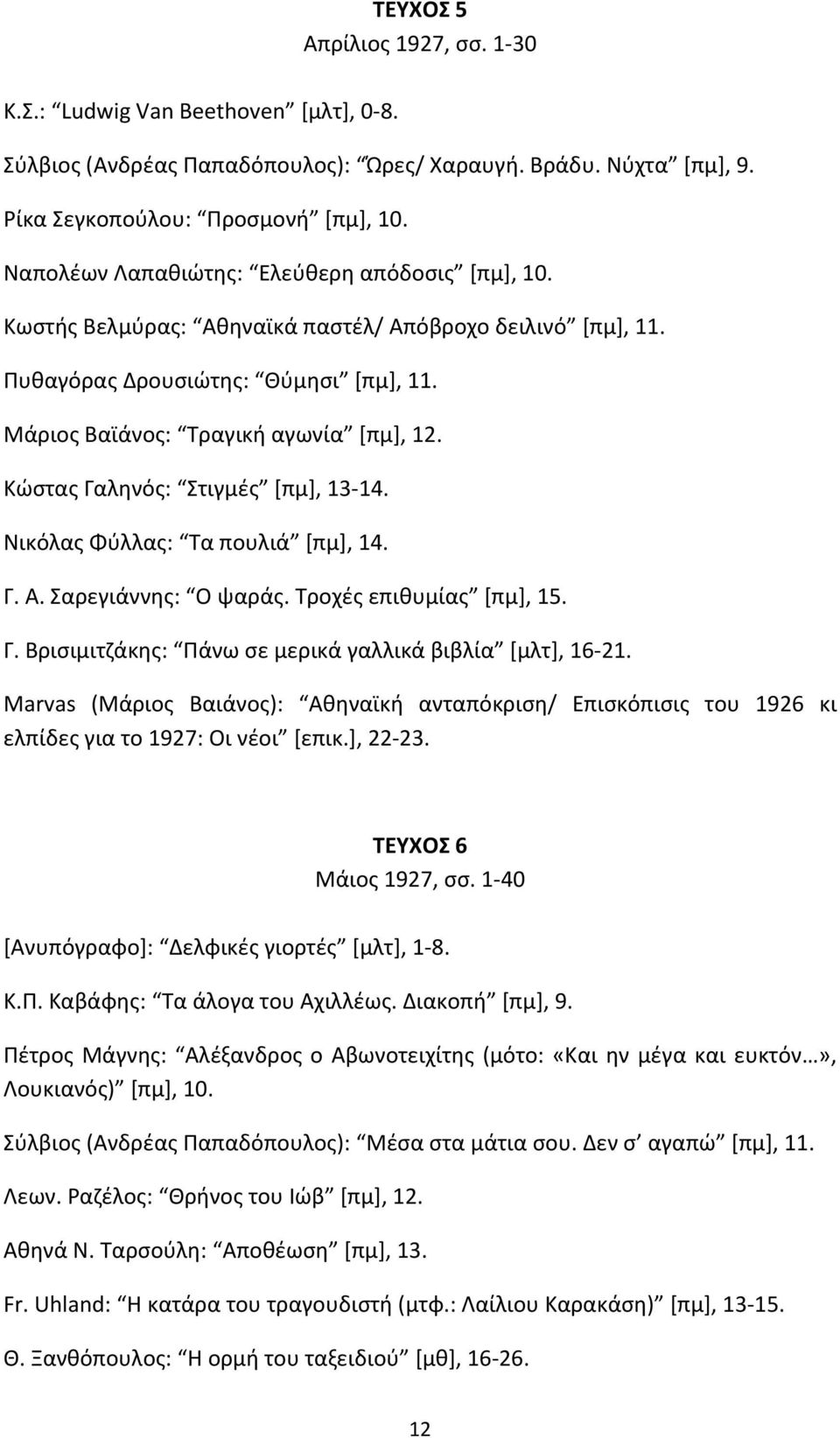 Κώστας Γαληνός: Στιγμές [πμ], 13-14. Νικόλας Φύλλας: Τα πουλιά [πμ], 14. Γ. Α. Σαρεγιάννης: Ο ψαράς. Τροχές επιθυμίας [πμ], 15. Γ. Βρισιμιτζάκης: Πάνω σε μερικά γαλλικά βιβλία [μλτ], 16-21.