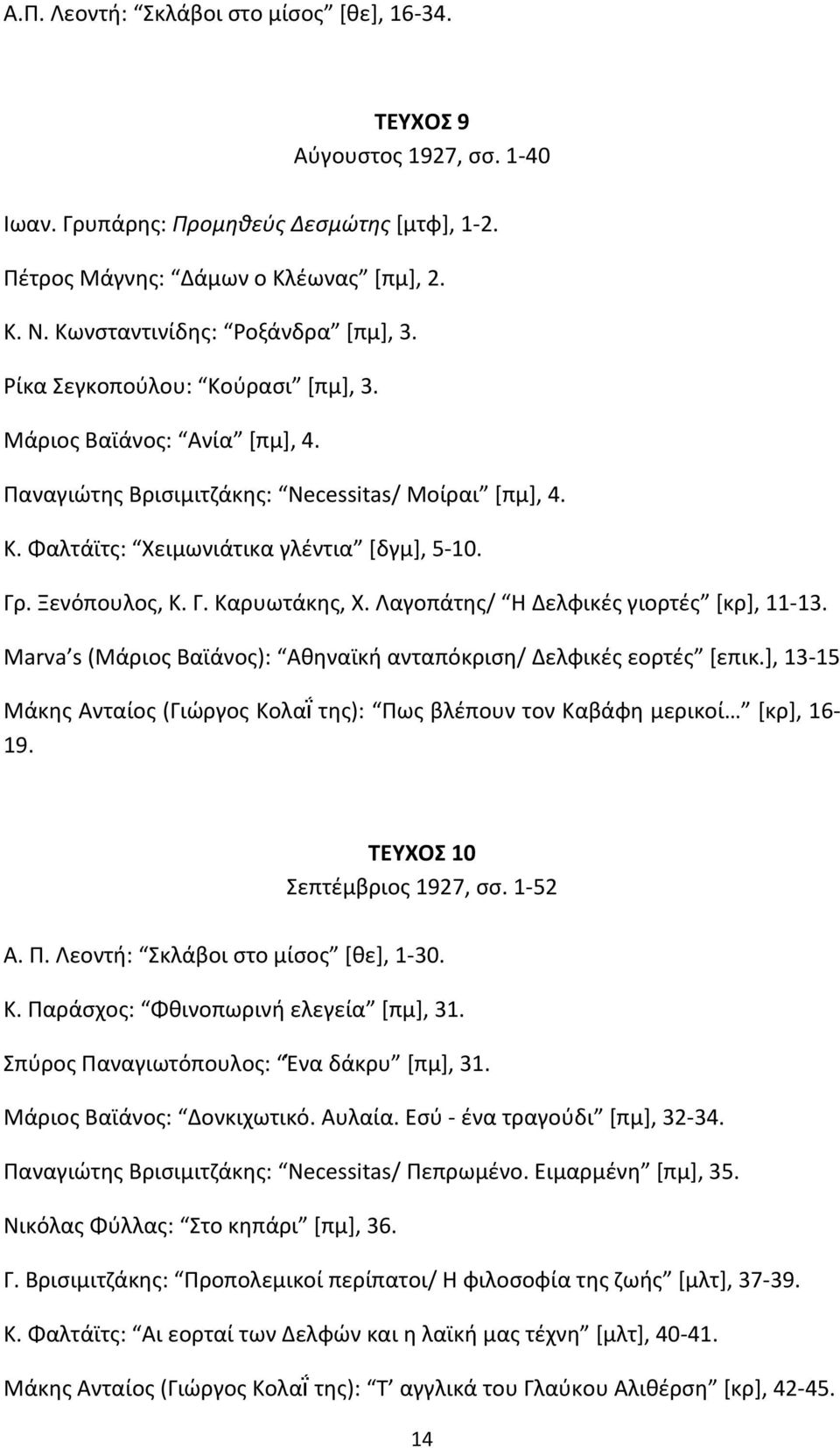 Γρ. Ξενόπουλος, Κ. Γ. Καρυωτάκης, Χ. Λαγοπάτης/ Η Δελφικές γιορτές [κρ], 11-13. Marva s (Μάριος Βαϊάνος): Αθηναϊκή ανταπόκριση/ Δελφικές εορτές [επικ.