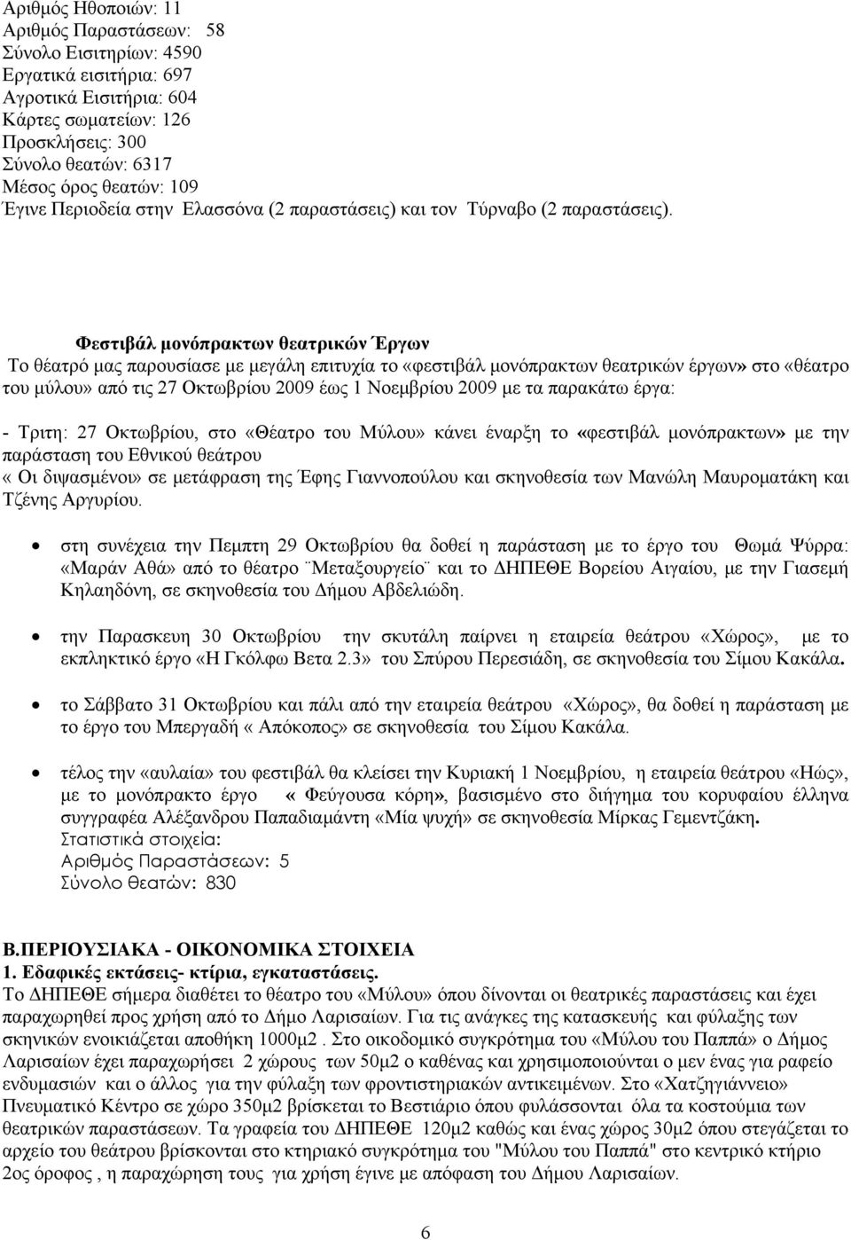 Φεστιβάλ μονόπρακτων θεατρικών Έργων Το θέατρό μας παρουσίασε με μεγάλη επιτυχία το «φεστιβάλ μονόπρακτων θεατρικών έργων» στο «θέατρο του μύλου» από τις 27 Οκτωβρίου 2009 έως 1 Νοεμβρίου 2009 με τα