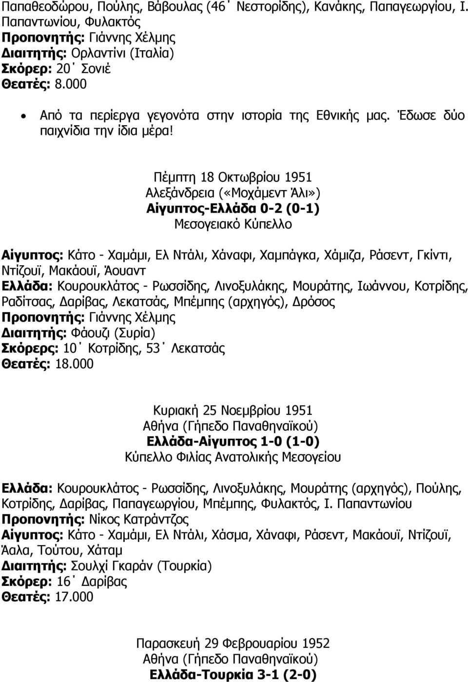 Πέµπτη 18 Οκτωβρίου 1951 Αλεξάνδρεια («Μοχάµεντ Άλι») Αίγυπτος-Ελλάδα 0-2 (0-1) Αίγυπτος: Κάτο - Χαµάµι, Ελ Ντάλι, Χάναφι, Χαµπάγκα, Χάµιζα, Ράσεντ, Γκίντι, Ντίζουϊ, Μακάουϊ, Άουαντ Ελλάδα: