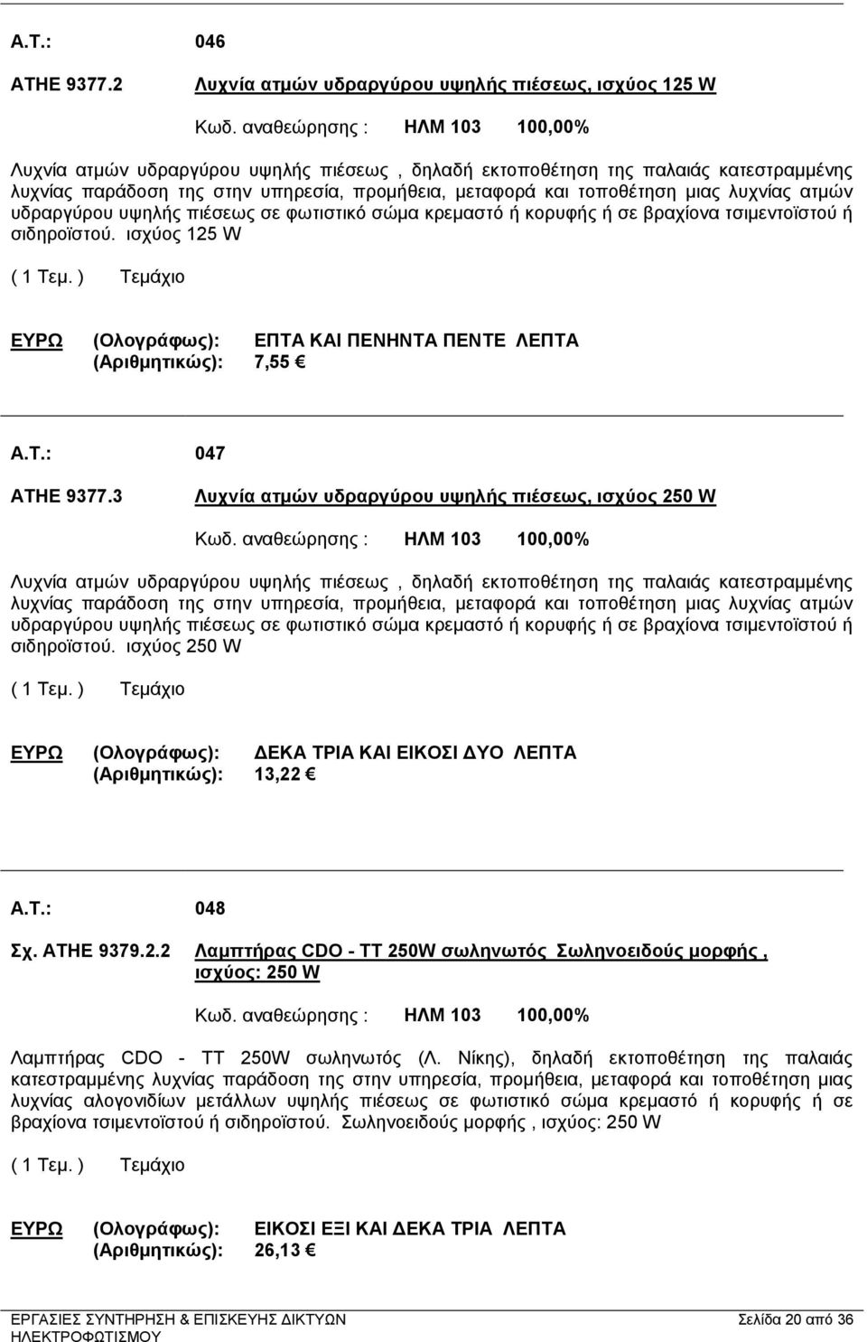 και τοποθέτηση μιας λυχνίας ατμών υδραργύρου υψηλής πιέσεως σε φωτιστικό σώμα κρεμαστό ή κορυφής ή σε βραχίονα τσιμεντοϊστού ή σιδηροϊστού.