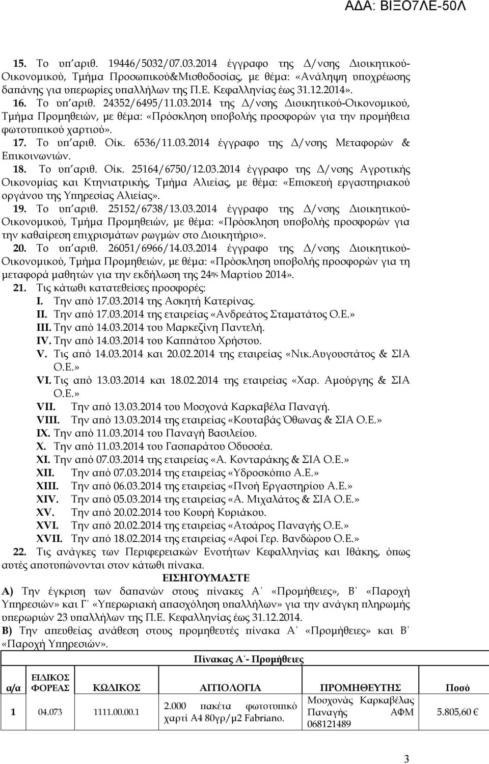 17. Το υπ αριθ. Οίκ. 6536/11.03.2014 έγγραφο της Δ/νσης Μεταφορών & Επικοινωνιών. 18. Το υπ αριθ. Οίκ. 25164/6750/12.03.2014 έγγραφο της Δ/νσης Αγροτικής Οικονομίας και Κτηνιατρικής, Τμήμα Αλιείας, με θέμα: «Επισκευή εργαστηριακού οργάνου της Υπηρεσίας Αλιείας».