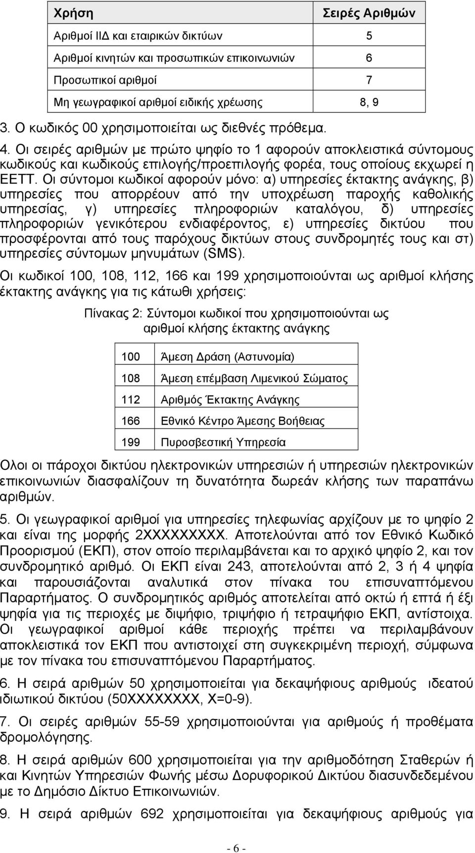 Οι σύντοµοι κωδικοί αφορούν µόνο: α) υπηρεσίες έκτακτης ανάγκης, β) υπηρεσίες που απορρέουν από την υποχρέωση παροχής καθολικής υπηρεσίας, γ) υπηρεσίες πληροφοριών καταλόγου, δ) υπηρεσίες πληροφοριών