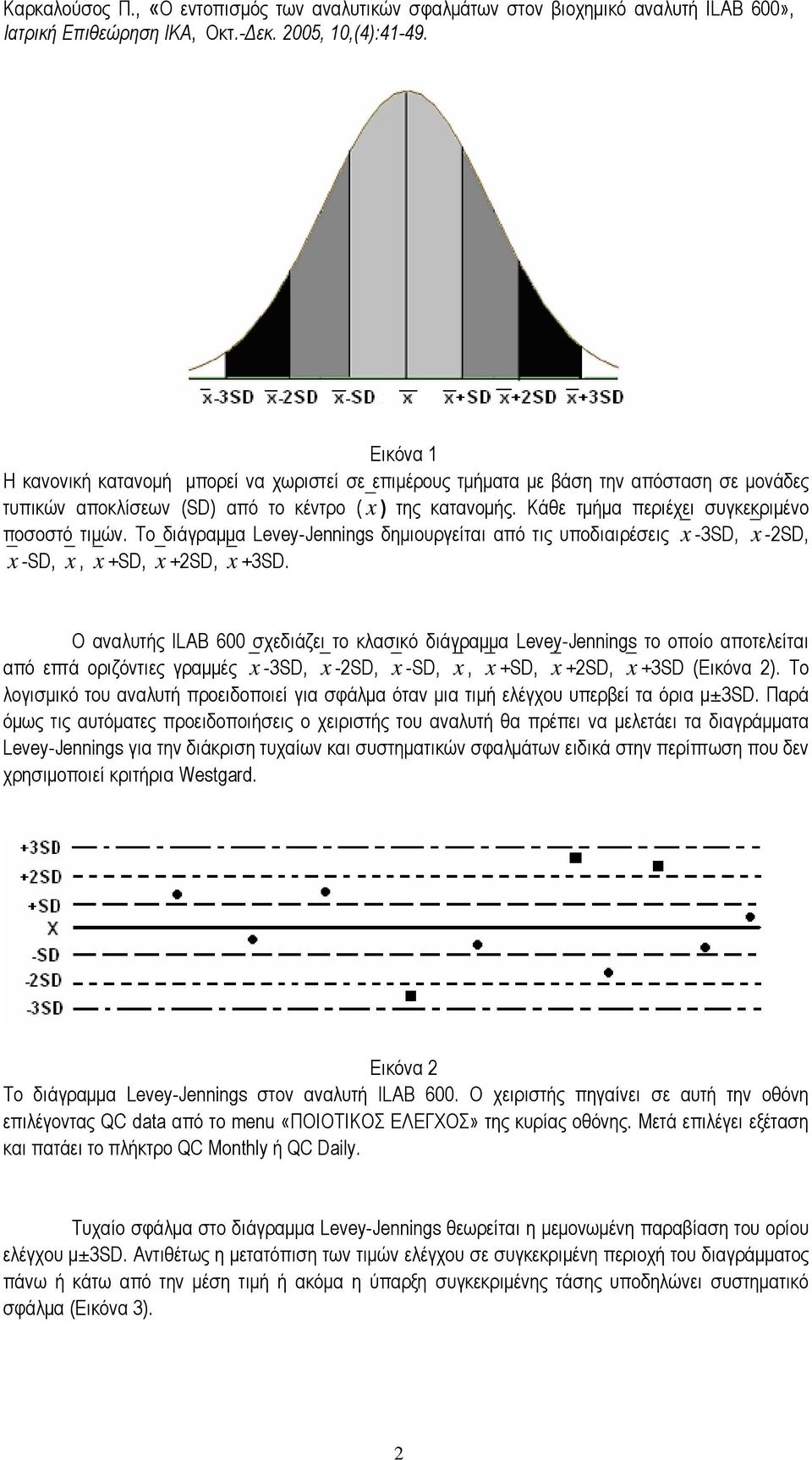 Ο αναλυτής ILAB 600 σχεδιάζει το κλασικό διάγραµµα Levey-Jennings το οποίο αποτελείται από επτά οριζόντιες γραµµές x -3SD, x -2SD, x -SD, x, x +SD, x +2SD, x +3SD (Εικόνα 2).
