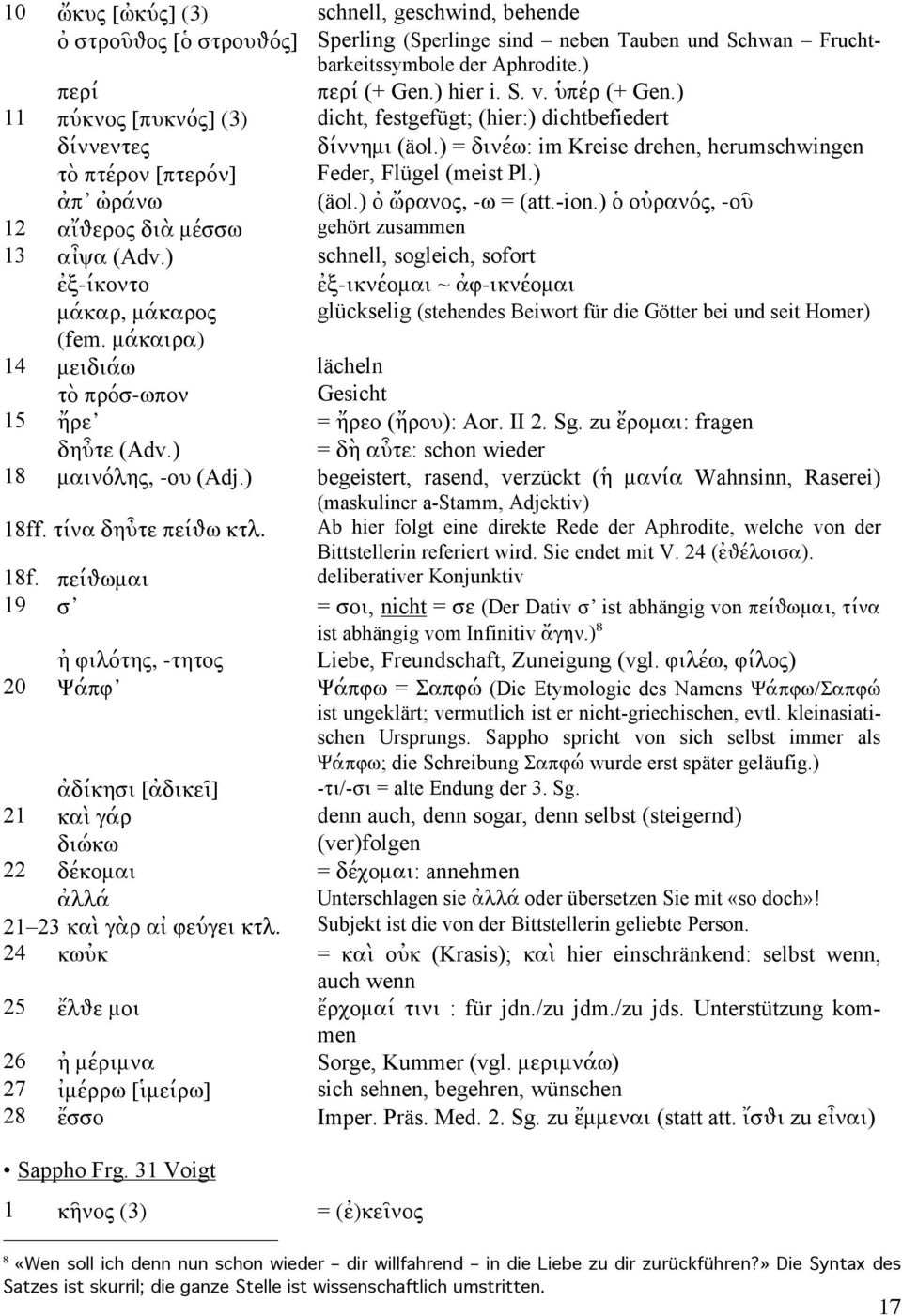 ) ἀπ ὠράνω (äol.) ὀ ὤρανος, -ω = (att.-ion.) ὁ οὐρανός, -οῦ 12 αἴθερος διὰ μέσσω gehört zusammen 13 αἶψα (Adv.