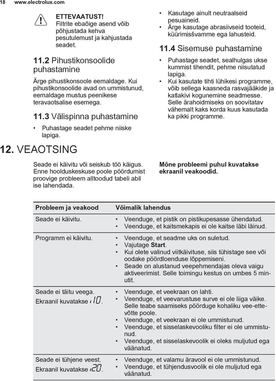 VEAOTSING Seade ei käivitu või seiskub töö käigus. Enne hoolduskeskuse poole pöördumist proovige probleem alltoodud tabeli abil ise lahendada. Kasutage ainult neutraalseid pesuaineid.