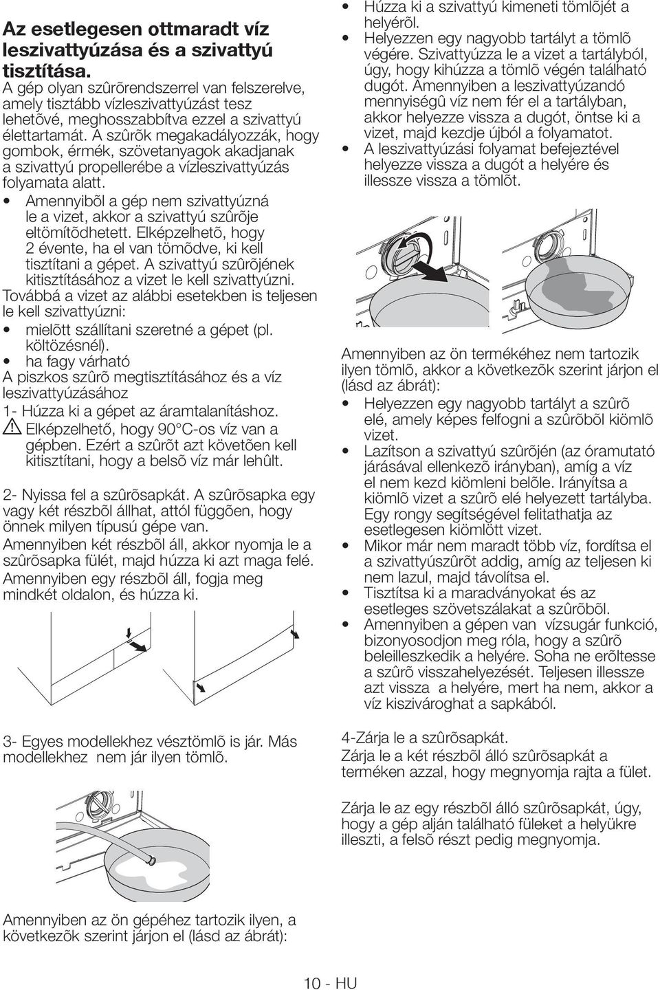 A szûrõk megakadályozzák, hogy gombok, érmék, szövetanyagok akadjanak a szivattyú propellerébe a vízleszivattyúzás folyamata alatt.