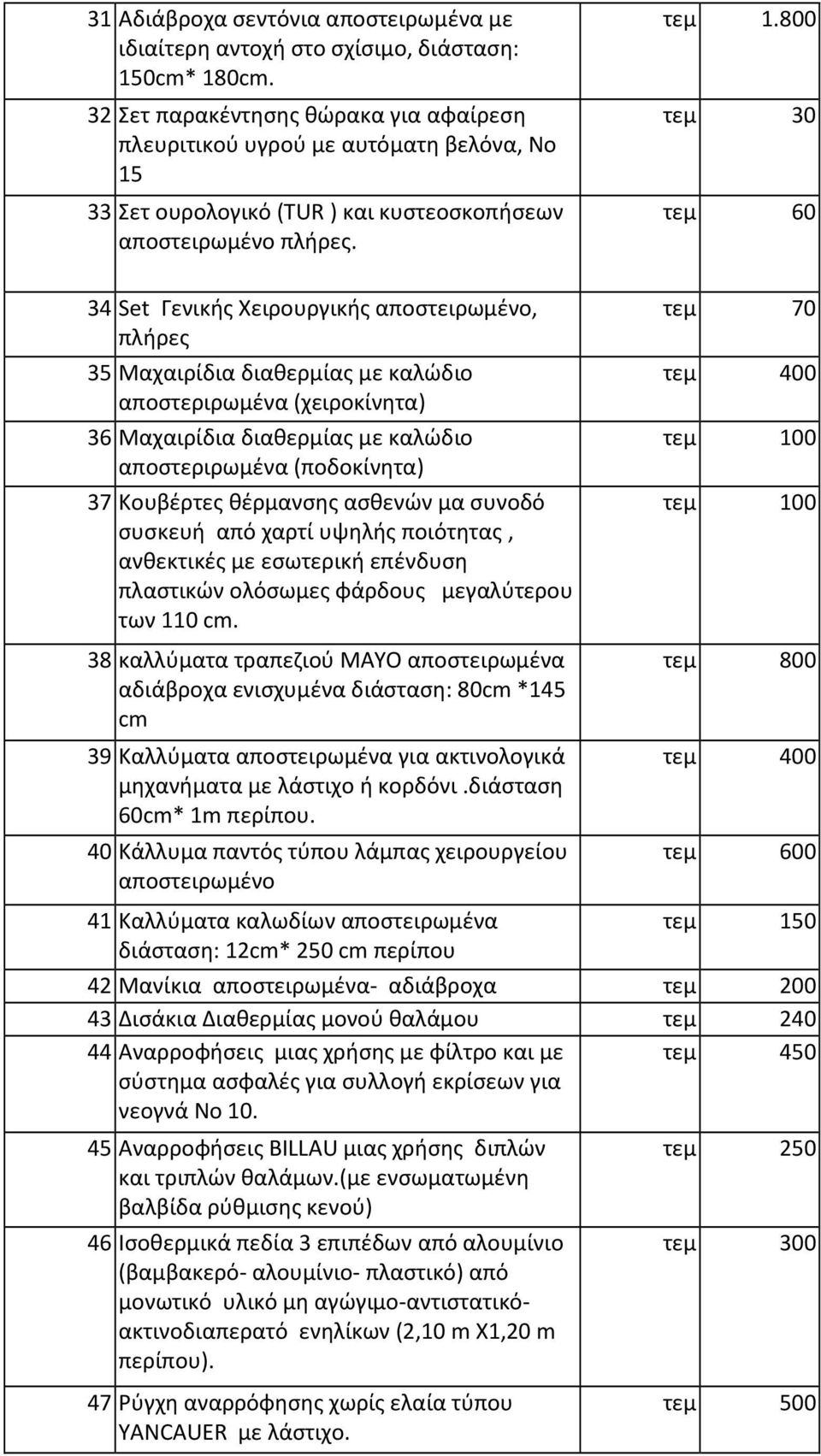 800 τεμ 30 τεμ 60 34 Set Γενικής Χειρουργικής αποστειρωμένο, πλήρες 35 Μαχαιρίδια διαθερμίας με καλώδιο αποστεριρωμένα (χειροκίνητα) 36 Μαχαιρίδια διαθερμίας με καλώδιο αποστεριρωμένα (ποδοκίνητα) 37