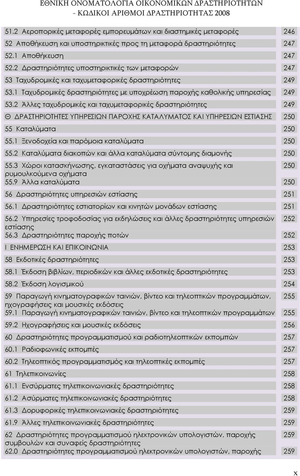 2 Άλλες ταχυδρομικές και ταχυμεταφορικές δραστηριότητες 249 Θ ΔΡΑΣΤΗΡΙΟΤΗΤΕΣ ΥΠΗΡΕΣΙΩΝ ΠΑΡΟΧΗΣ ΚΑΤΑΛΥΜΑΤΟΣ ΚΑΙ ΥΠΗΡΕΣΙΩΝ ΕΣΤΙΑΣΗΣ 250 55 Καταλύματα 250 55.1 Ξενοδοχεία και παρόμοια καταλύματα 250 55.