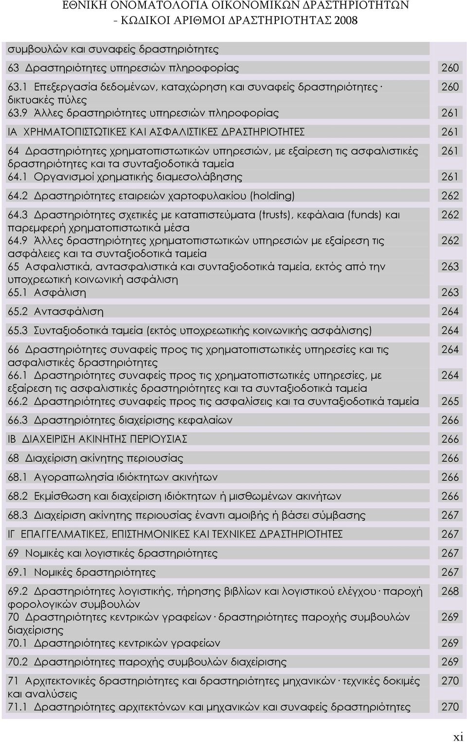 δραστηριότητες και τα συνταξιοδοτικά ταμεία 64.1 Οργανισμοί χρηματικής διαμεσολάβησης 261 64.2 Δραστηριότητες εταιρειών χαρτοφυλακίου (holding) 262 64.