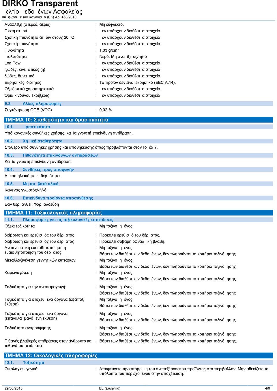Άλλες πληροφορίες Συγκέντρωση ΟΠΕ (VOC) : 0,02 % ΤΜΗΜΑ 10: Σταθερότητα και δραστικότητα 10.1. Δραστικότητα Υπό κανονικές συνθήκες χρήσης, καμία γνωστή επικίνδυνη αντίδραση. 10.2. Χημική σταθερότητα Σταθερό υπό συνθήκες χρήσης και αποθήκευσης όπως προβλέπονται στον τομέα 7.