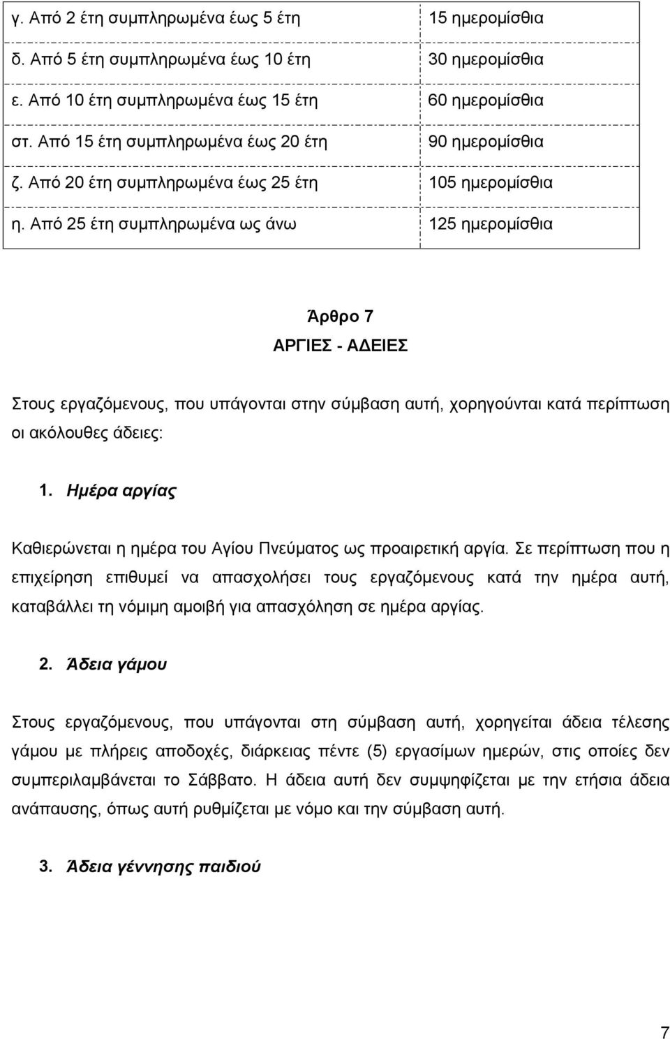 Από 25 έτη συμπληρωμένα ως άνω 125 ημερομίσθια Άρθρο 7 ΑΡΓΙΕΣ - ΑΔΕΙΕΣ Στους εργαζόμενους, που υπάγονται στην σύμβαση αυτή, χορηγούνται κατά περίπτωση οι ακόλουθες άδειες: 1.