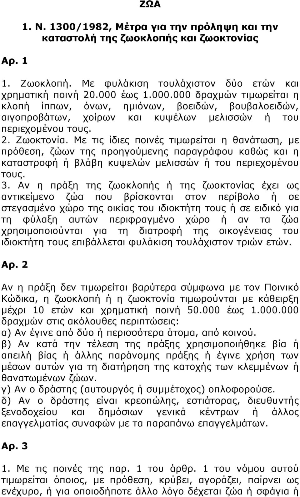 Με τις ίδιες ποινές τιμωρείται η θανάτωση, με πρόθεση, ζώων της προηγούμενης παραγράφου καθώς και η καταστροφή ή βλάβη κυψελών μελισσών ή του περιεχομένου τους. 3.