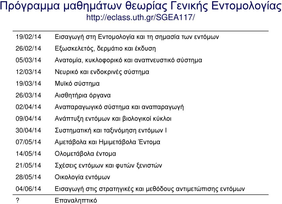 12/03/14 Νευρικό και ενδοκρινές σύστημα 19/03/14 Μυϊκό σύστημα 26/03/14 Αισθητήρια όργανα 02/04/14 Αναπαραγωγικό σύστημα και αναπαραγωγή 09/04/14 Ανάπτυξη εντόμων και