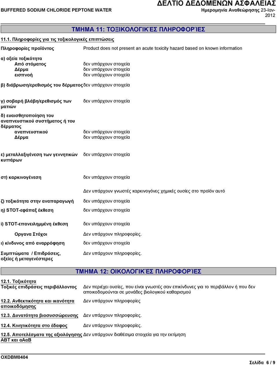 .1. Πληροφορίες για τις τοξικολογικές επιπτώσεις Πληροφορίες προΐόντος Product does not present an acute toxicity hazard based on known information α) οξεία τοξικότητα Από στόματος Δέρμα εισπνοή β)