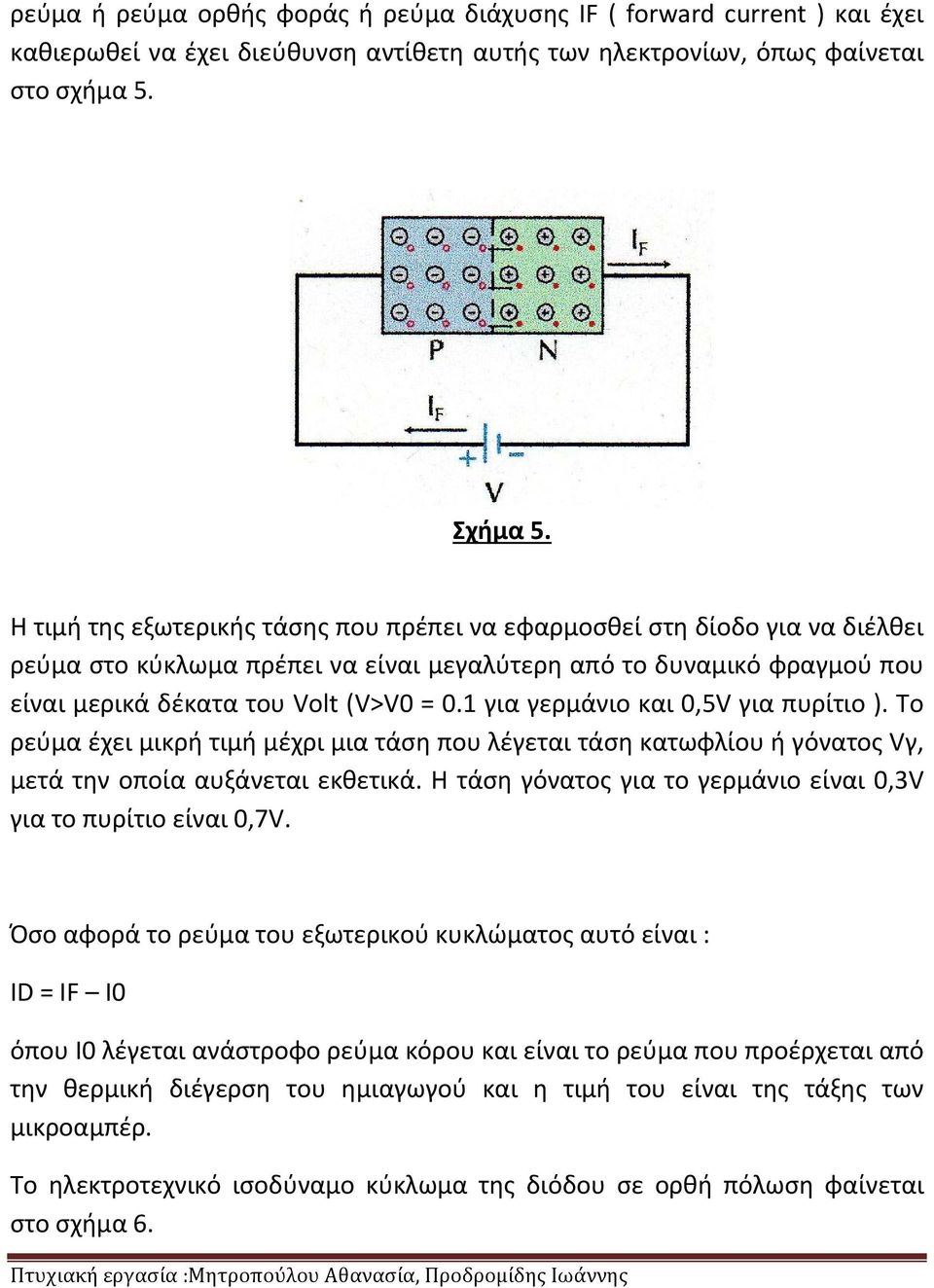 1 για γερμάνιο και 0,5V για πυρίτιο ). Το ρεύμα έχει μικρή τιμή μέχρι μια τάση που λέγεται τάση κατωφλίου ή γόνατος Vγ, μετά την οποία αυξάνεται εκθετικά.