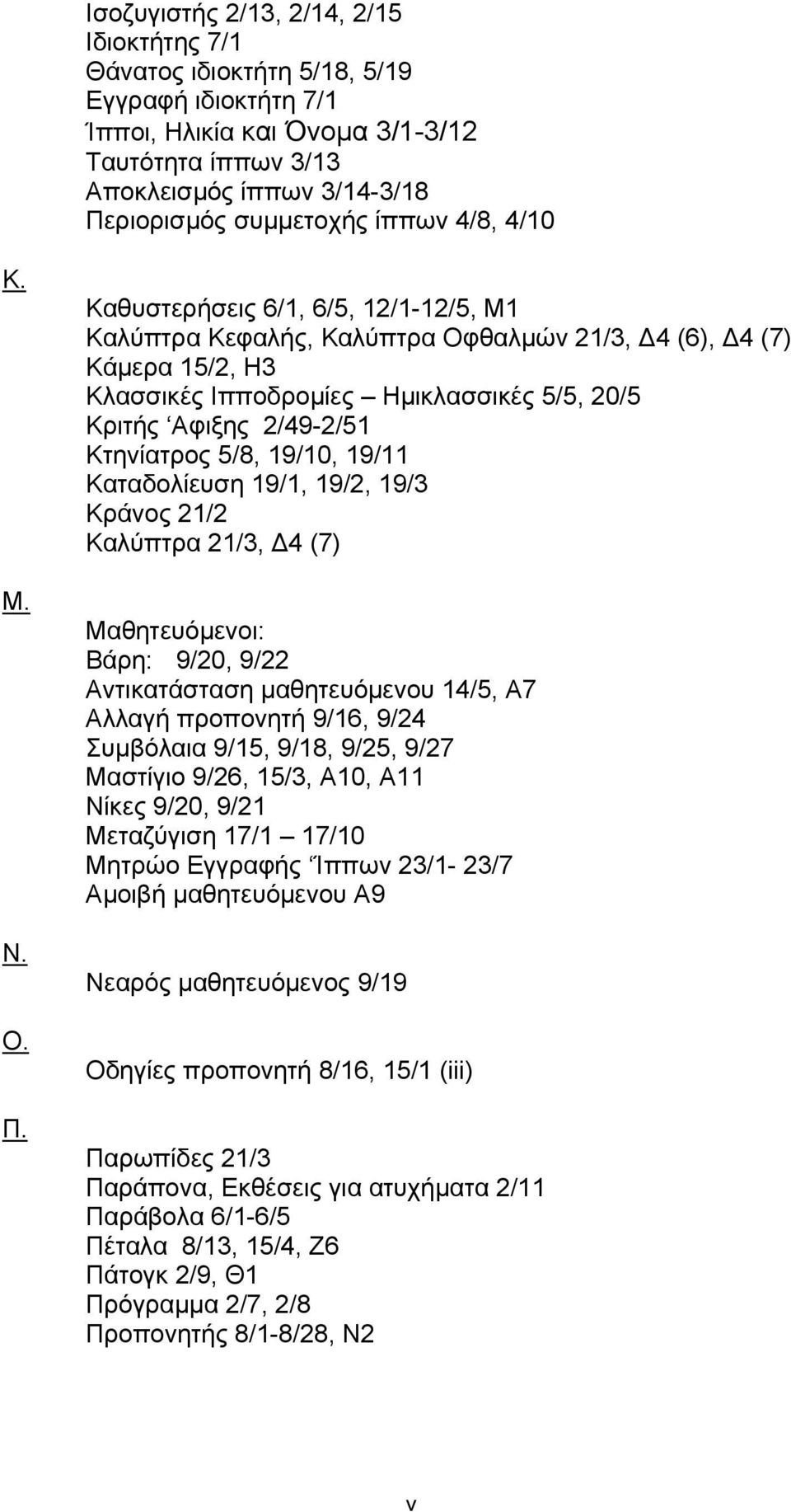 Καθυστερήσεις 6/1, 6/5, 12/1-12/5, Μ1 Καλύπτρα Κεφαλής, Καλύπτρα Οφθαλμών 21/3, Δ4 (6), Δ4 (7) Κάμερα 15/2, Η3 Κλασσικές Ιπποδρομίες Ημικλασσικές 5/5, 20/5 Κριτής Αφιξης 2/49-2/51 Κτηνίατρος 5/8,