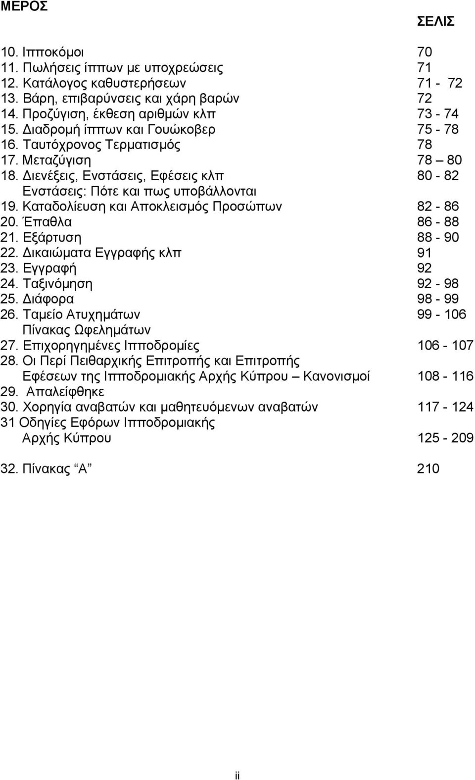 Καταδολίευση και Αποκλεισμός Προσώπων 82-86 20. Έπαθλα 86-88 21. Εξάρτυση 88-90 22. Δικαιώματα Εγγραφής κλπ 91 23. Εγγραφή 92 24. Ταξινόμηση 92-98 25. Διάφορα 98-99 26.