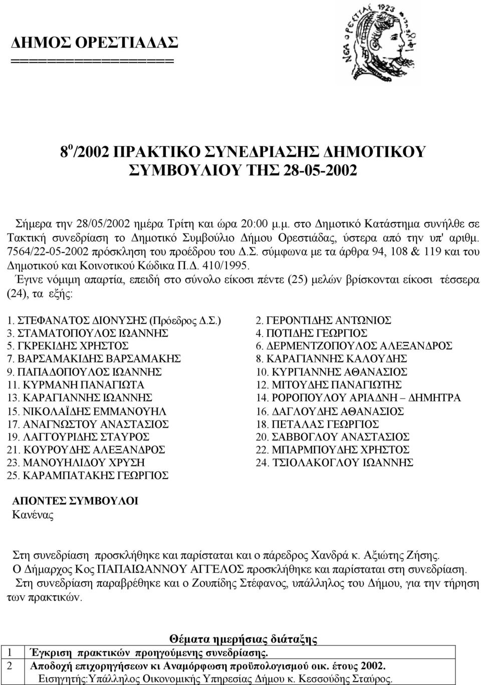 7564/22-05-2002 πρόσκληση τoυ πρoέδρου τoυ Δ.Σ. σύμφωvα με τα άρθρα 94, 108 & 119 και τoυ Δημoτικoύ και Κoιvoτικoύ Κώδικα Π.Δ. 410/1995.