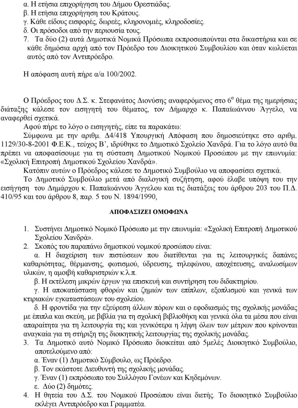 Η απόφαση αυτή πήρε α/α 100/2002. Ο Πρόεδρος του Δ.Σ. κ. Στεφανάτος Διονύσης αναφερόμενος στο 6 ο θέμα της ημερήσιας διάταξης κάλεσε τον εισηγητή του θέματος, τον Δήμαρχο κ.