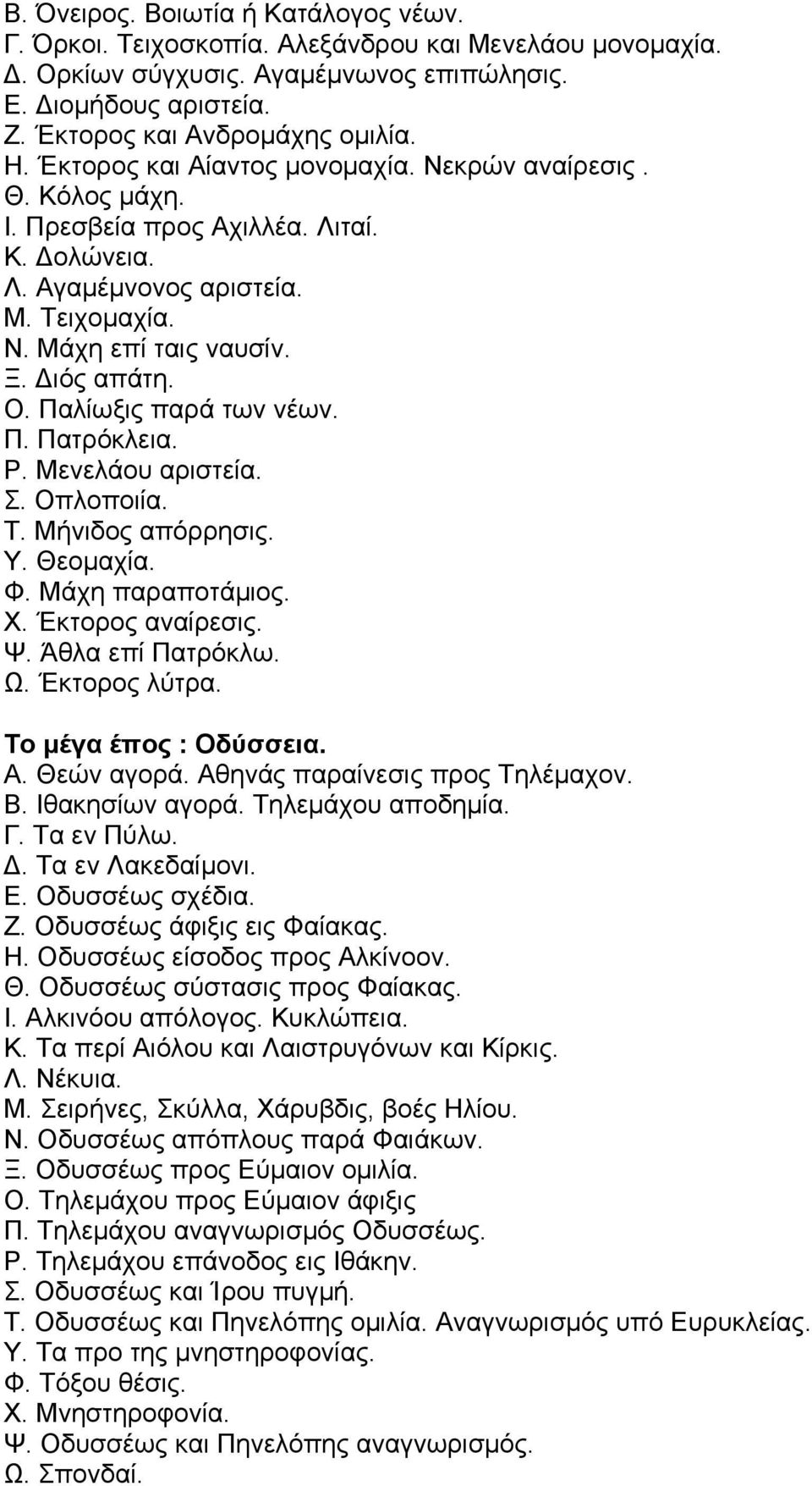 Παλίωξις παρά των νέων. Π. Πατρόκλεια. Ρ. Μενελάου αριστεία. Σ. Οπλοποιία. Τ. Μήνιδος απόρρησις. Υ. Θεομαχία. Φ. Μάχη παραποτάμιος. Χ. Έκτορος αναίρεσις. Ψ. Άθλα επί Πατρόκλω. Ω. Έκτορος λύτρα.