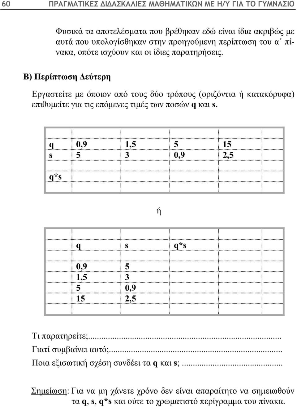 Β) Περίπτωση Δεύτερη Εργαστείτε με όποιον από τους δύο τρόπους (οριζόντια ή κατακόρυφα) επιθυμείτε για τις επόμενες τιμές των ποσών q και s.