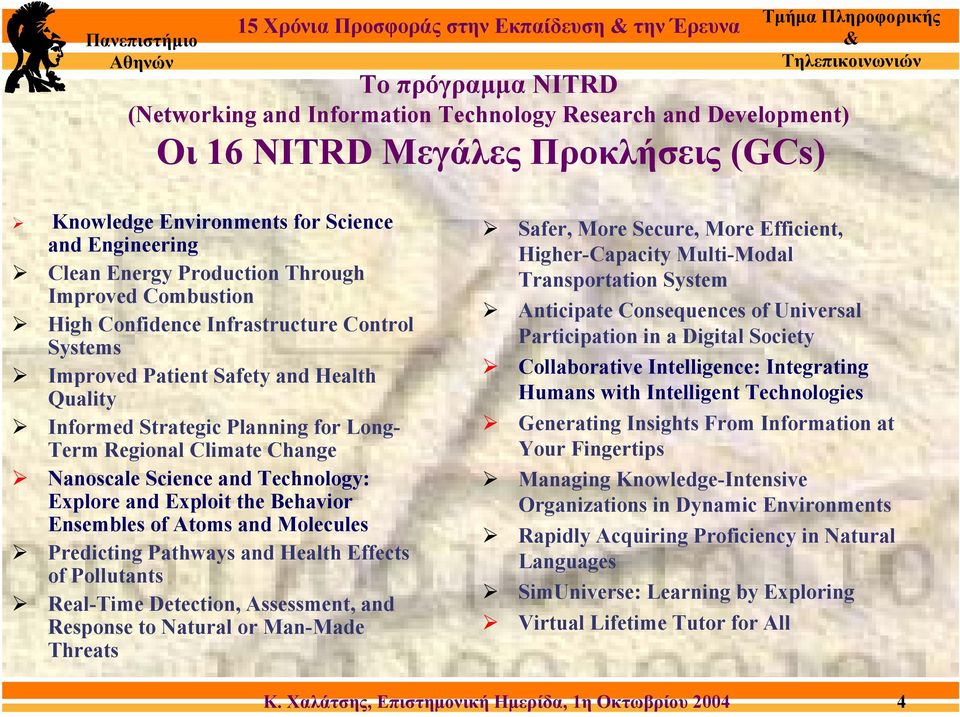 Long- Term Regional Climate Change Nanoscale Science and Technology: Explore and Exploit the Behavior Ensembles of Atoms and Molecules Predicting Pathways and Health Effects of Pollutants Real-Time