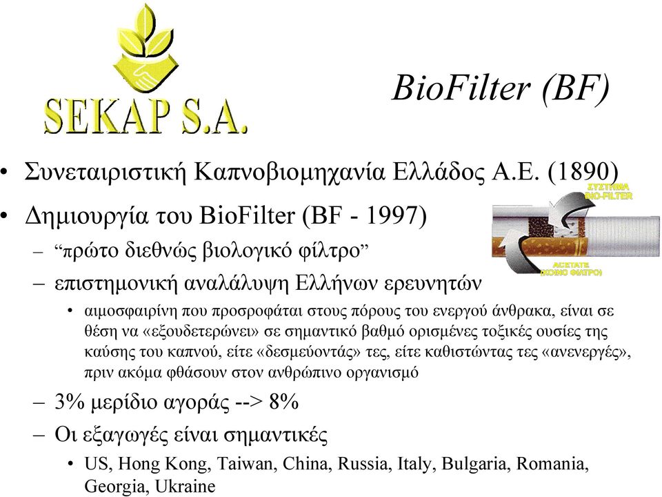 (1890) ηµιουργία του BioFilter (BF - 1997) πρώτο διεθνώς βιολογικό φίλτρο επιστηµονική αναλάλυψη Ελλήνων ερευνητών αιµοσφαιρίνη που προσροφάται