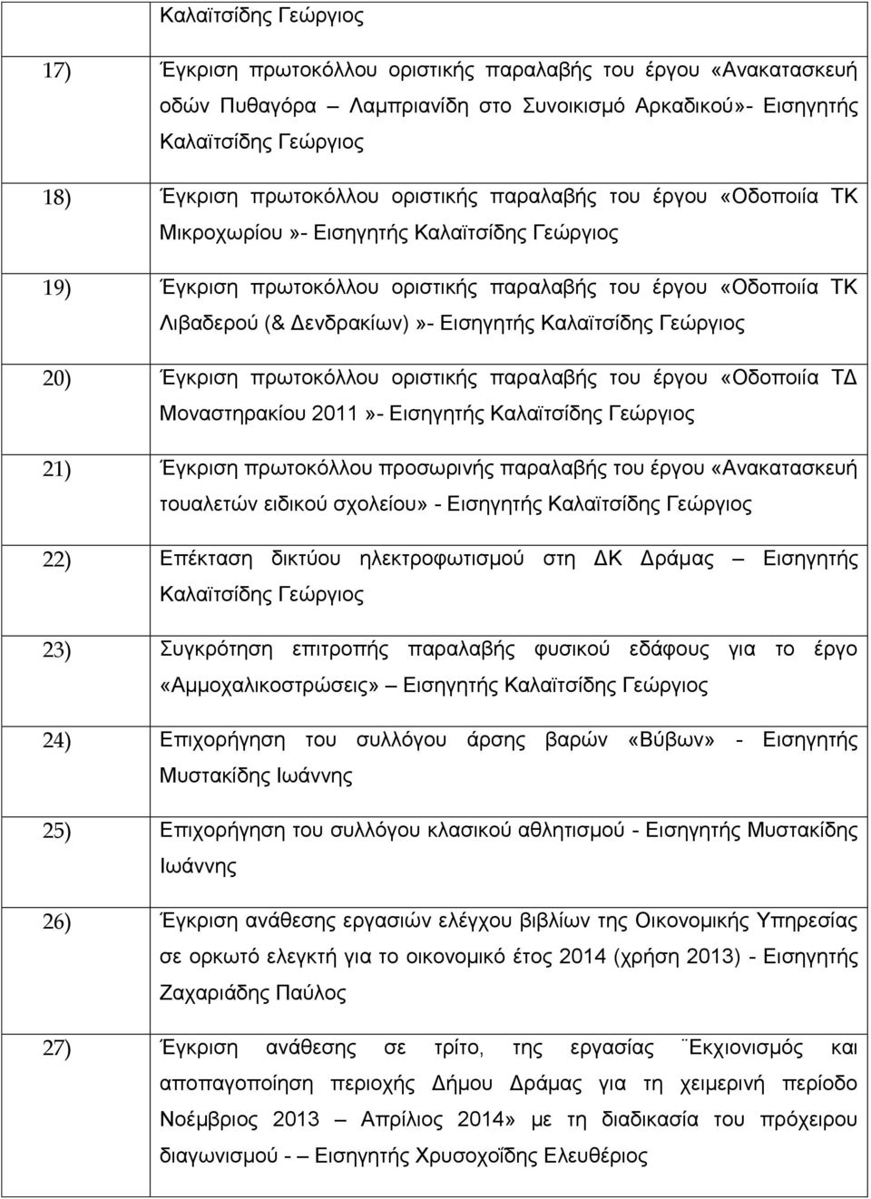 Καλαϊτσίδης Γεώργιος 20) Έγκριση πρωτοκόλλου οριστικής παραλαβής του έργου «Οδοποιία ΤΔ Μοναστηρακίου 2011»- Εισηγητής Καλαϊτσίδης Γεώργιος 21) Έγκριση πρωτοκόλλου προσωρινής παραλαβής του έργου