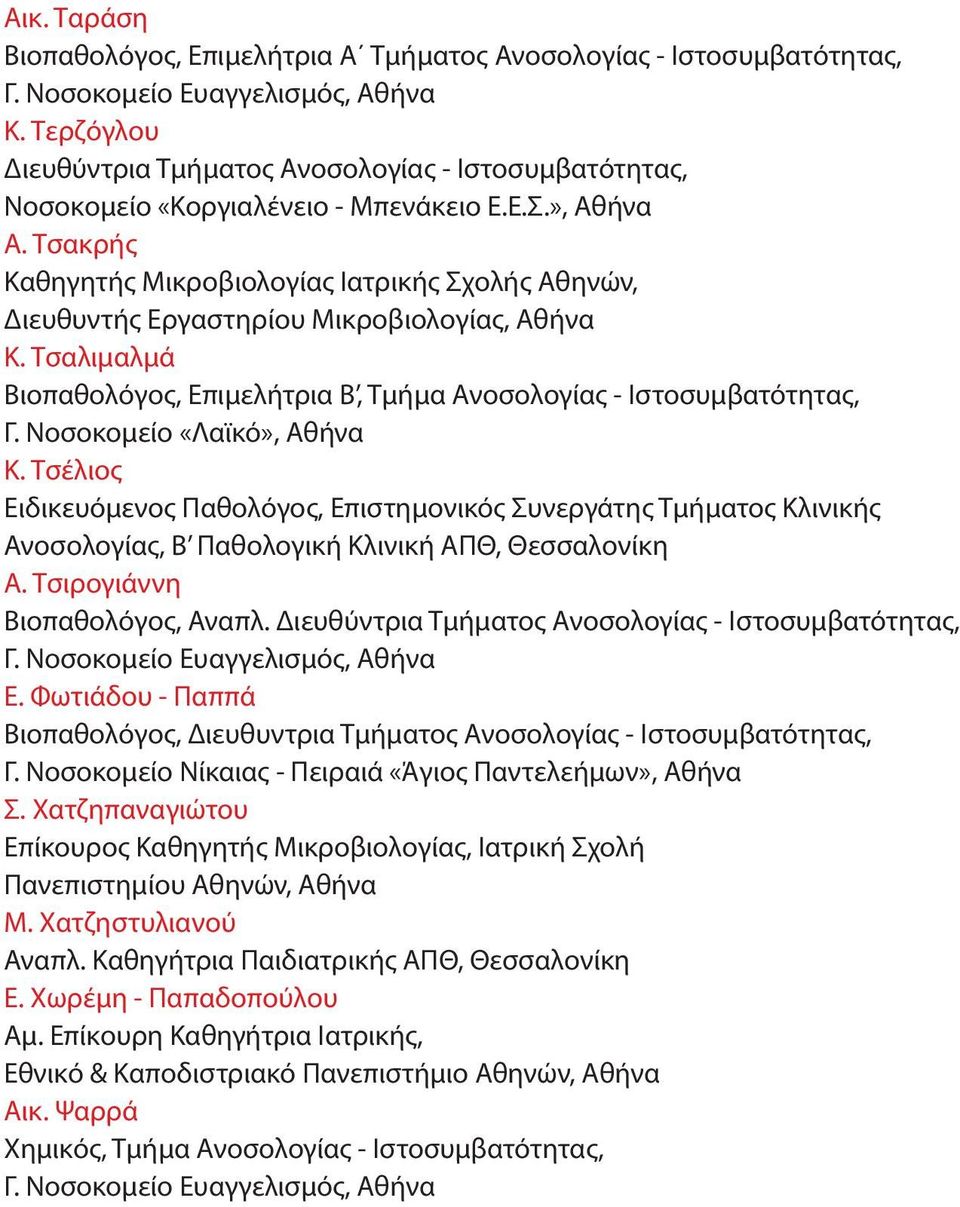 Τσακρής Καθηγητής Μικροβιολογίας Ιατρικής Σχολής Αθηνών, Διευθυντής Εργαστηρίου Μικροβιολογίας, Αθήνα Κ. Τσαλιμαλμά Βιοπαθολόγος, Επιμελήτρια Β, Τμήμα Ανοσολογίας - Ιστοσυμβατότητας, Γ.