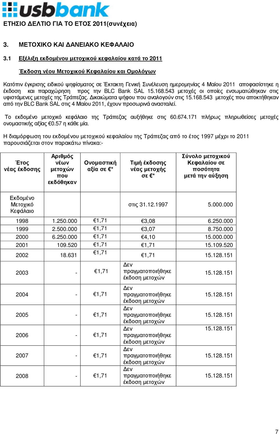 η έκδοση και παραχώρηση προς την BLC Bank SAL 15.168.543 µετοχές οι οποίες ενσωµατώθηκαν στις υφιστάµενες µετοχές της Τράπεζας. ικαιώµατα ψήφου που αναλογούν στις 15.168.543 µετοχές που αποκτήθηκαν από την BLC Bank SAL στις 4 Μαίου 2011, έχουν προσωρινά ανασταλεί.