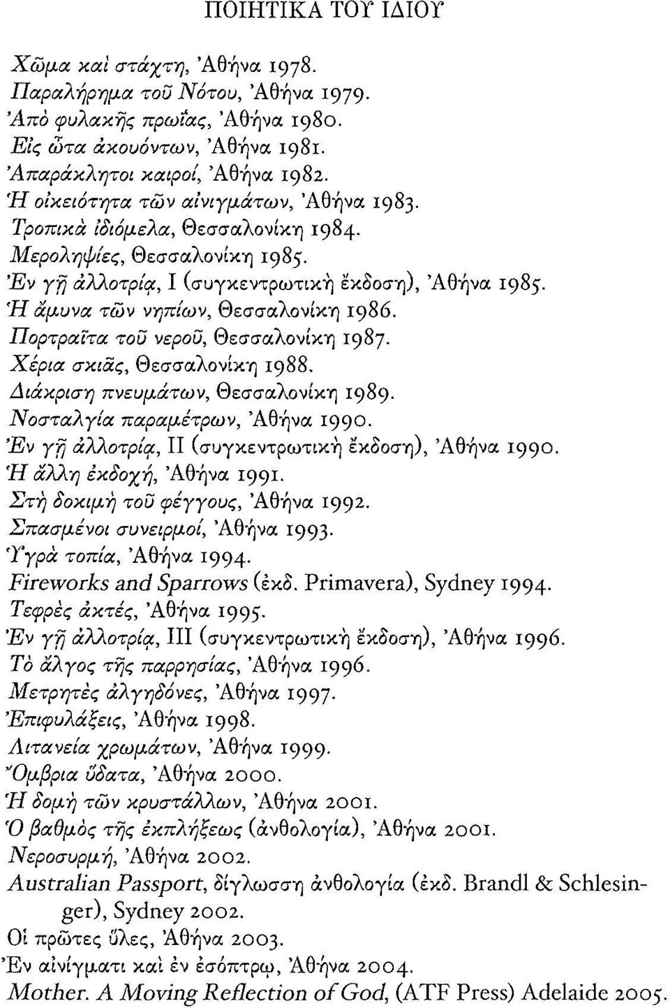 Ή αμυνα των νηπίων, Θεσσαλονίκη 1986. Πορτραίτα του νερου, Θεσσαλονίκη 1987. Χέρια σκιας, Θεσσαλονίκη 1988. Διάκριση πνευμάτων, Θεσσαλονίκη 1989. ΝοσταλΥία παραμέτρων, 'Αθήνα 1990.