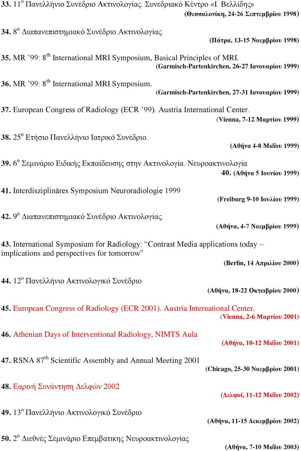 (Garmisch-Partenkirchen, 27-31 Ιανοςαπίος 1999) 37. European Congress of Radiology (ECR 99). Austria International Center. (Vienna, 7-12 Μαπηίος 1999) 38. 25 ν Δηήζην Παλειιήλην Ηαηξηθό πλέδξην.