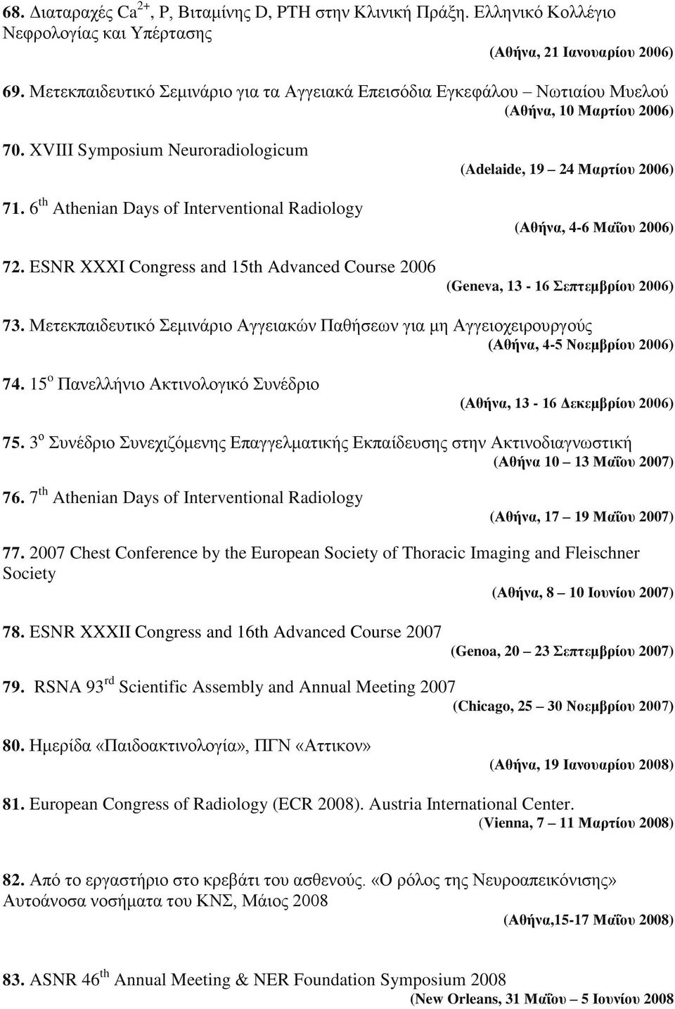 ESNR XXXI Congress and 15th Advanced Course 2006 (Adelaide, 19 24 Μαπηίος 2006) (Αθήνα, 4-6 Μαΐος 2006) (Geneva, 13-16 επηεμβπίος 2006) 73.