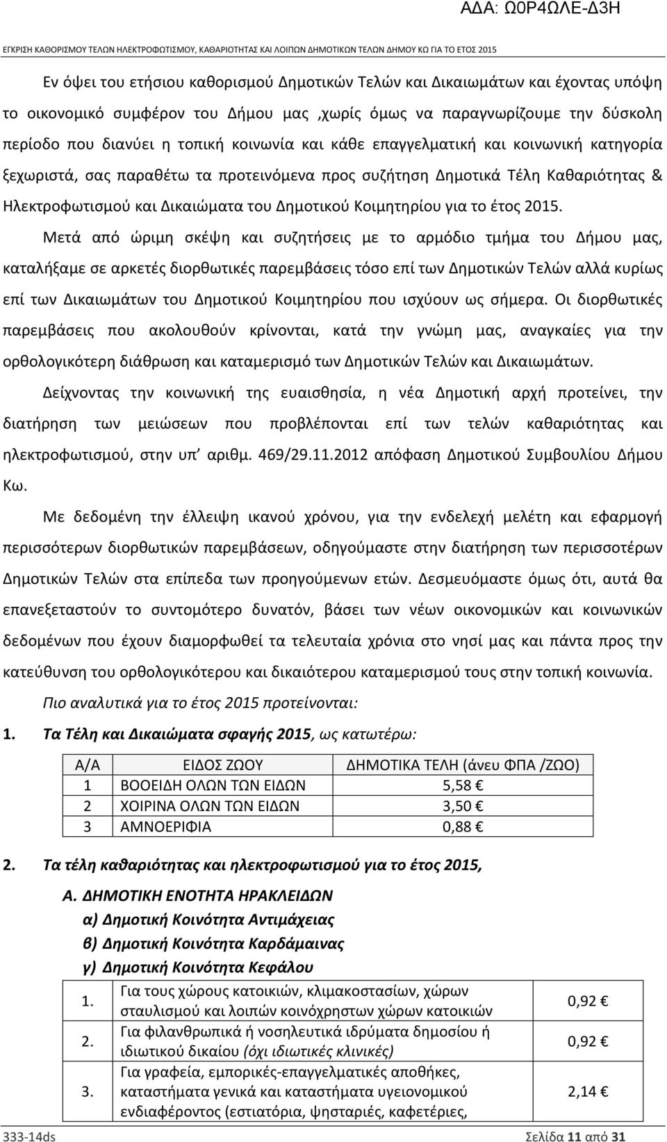 2015. Μετά από ώριμη σκέψη και συζητήσεις με το αρμόδιο τμήμα του Δήμου μας, καταλήξαμε σε αρκετές διορθωτικές παρεμβάσεις τόσο επί των Δημοτικών Τελών αλλά κυρίως επί των Δικαιωμάτων του Δημοτικού