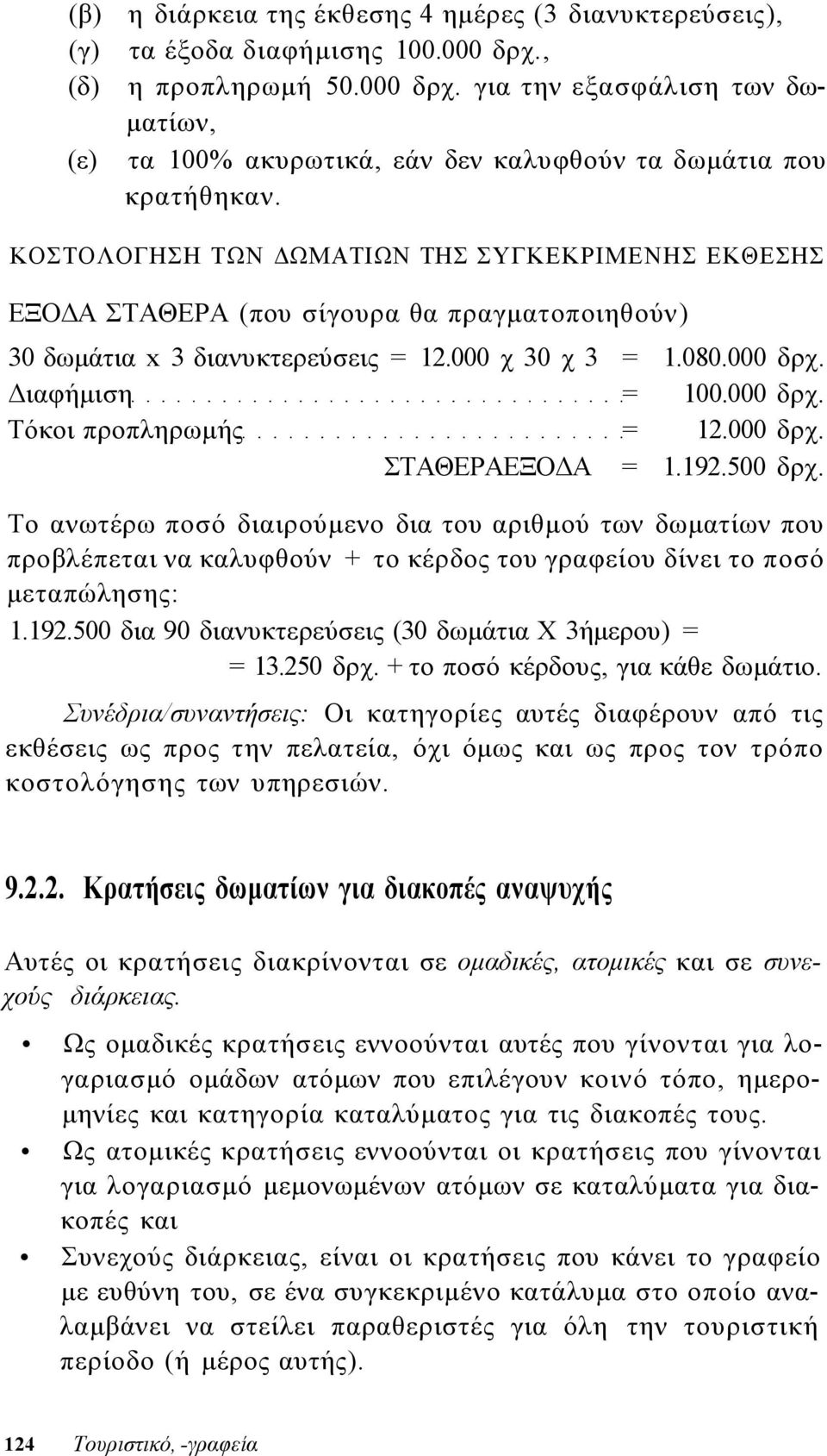 000 δρχ. ΣΤΑΘΕΡΑΕΞΟΔΑ = 1.192.500 δρχ. Το ανωτέρω ποσό διαιρούμενο δια του αριθμού των δωματίων που προβλέπεται να καλυφθούν + το κέρδος του γραφείου δίνει το ποσό μεταπώλησης: 1.192.500 δια 90 διανυκτερεύσεις (30 δωμάτια Χ 3ήμερου) = = 13.