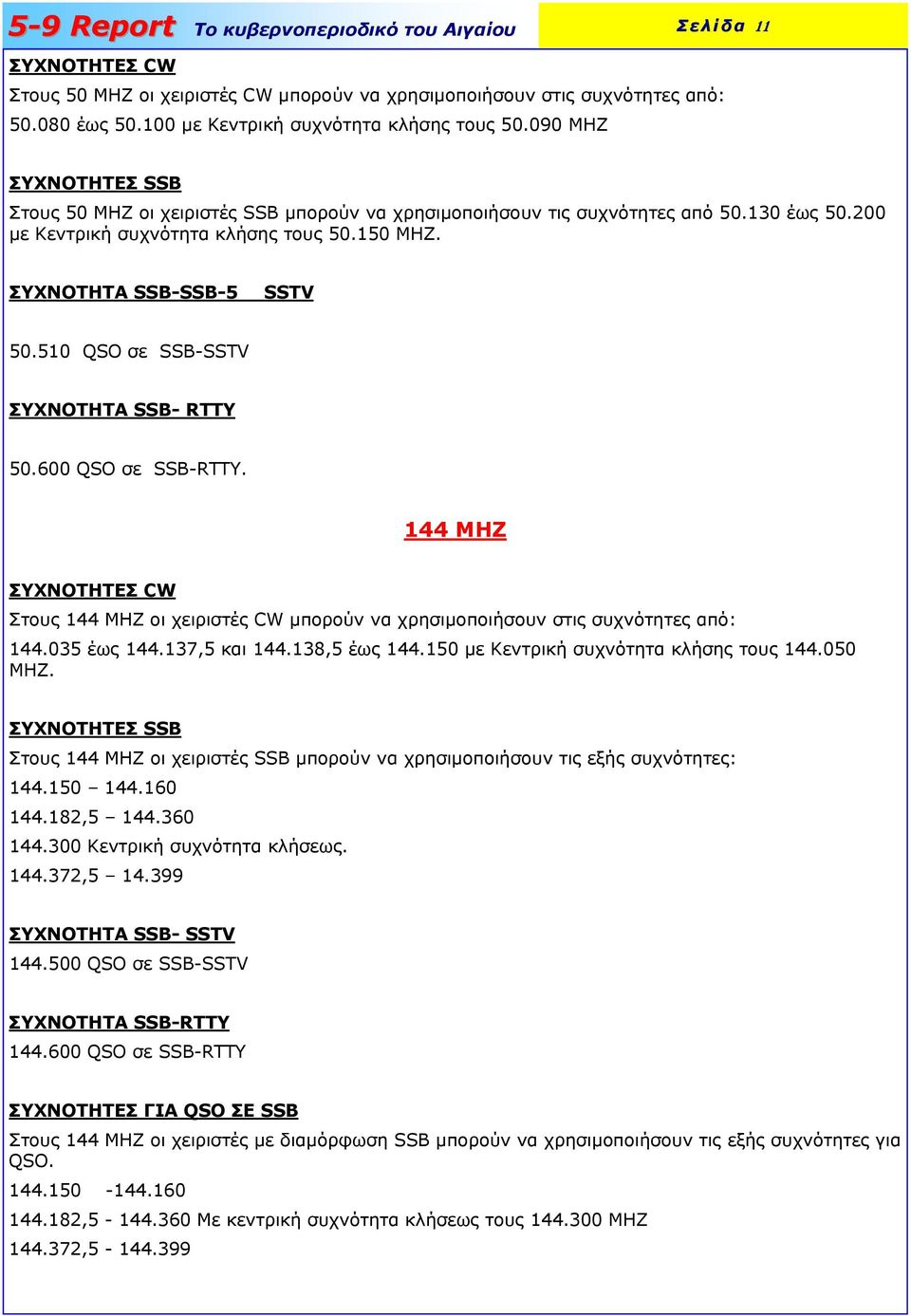 510 QSO σε SSB-SSTV ΣΥΧΝΟΤΗΤA SSB- RTTY 50.600 QSO σε SSB-RTTY. 144 ΜΗΖ ΣΥΧΝΟΤΗΤΕΣ CW Στους 144 ΜΗΖ οι χειριστές CW µπορούν να χρησιµοποιήσουν στις συχνότητες από: 144.035 έως 144.137,5 και 144.