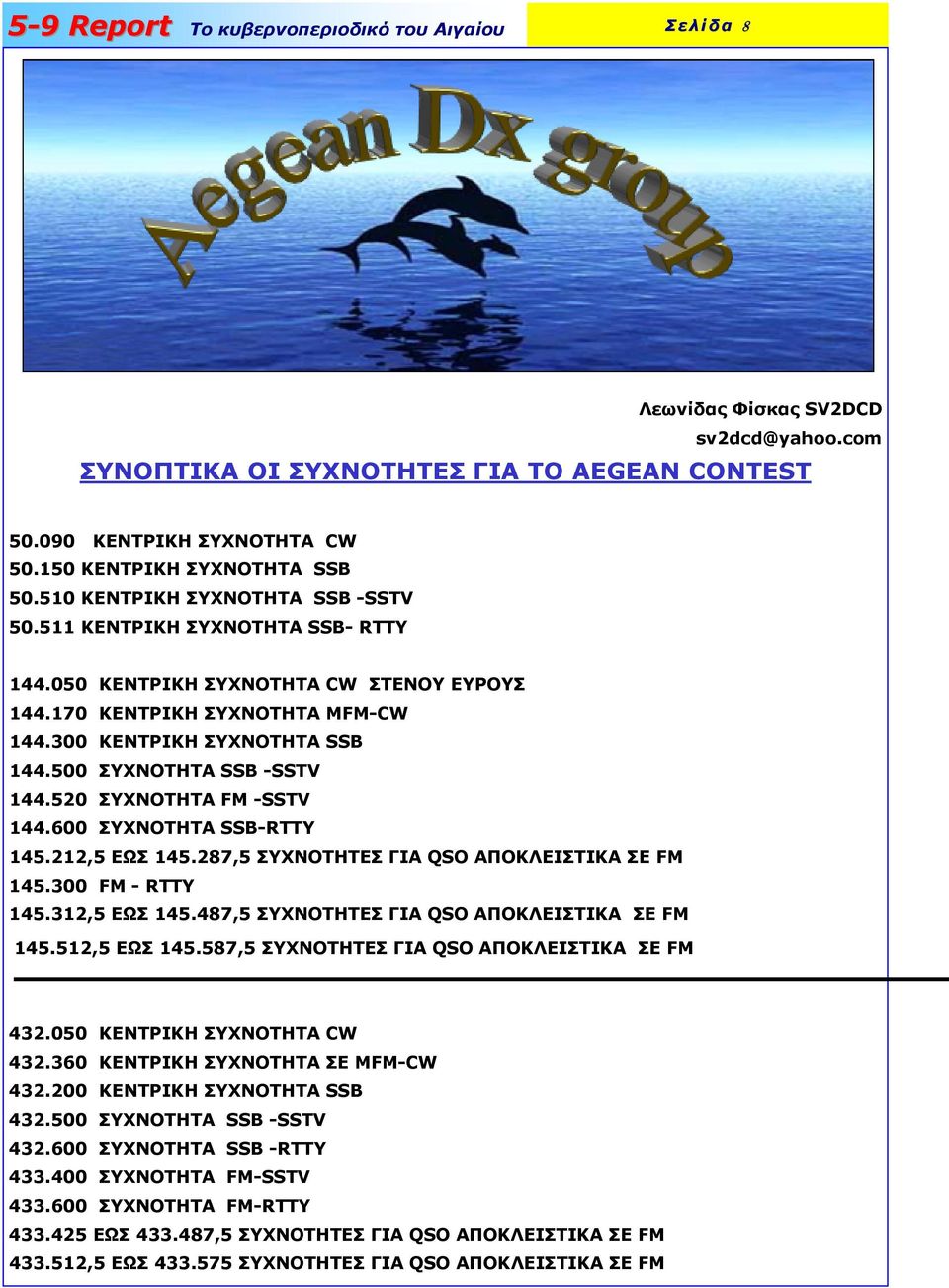 520 ΣΥΧΝΟΤΗΤΑ FM -SSTV 144.600 ΣΥΧΝΟΤΗΤΑ SSB-RTTY 145.212,5 ΕΩΣ 145.287,5 ΣΥΧΝΟΤΗΤΕΣ ΓΙΑ QSO ΑΠΟΚΛΕΙΣΤΙΚΑ ΣΕ FM 145.300 FM - RTTY 145.312,5 ΕΩΣ 145.487,5 ΣΥΧΝΟΤΗΤΕΣ ΓΙΑ QSO ΑΠΟΚΛΕΙΣΤΙΚΑ ΣΕ FM 145.