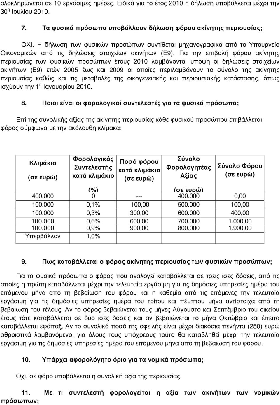 Για την επιβολή φόρου ακίνητης περιουσίας των φυσικών προσώπων έτους 2010 λαµβάνονται υπόψη οι δηλώσεις στοιχείων ακινήτων (Ε9) ετών 2005 έως και 2009 οι οποίες περιλαµβάνουν το σύνολο της ακίνητης