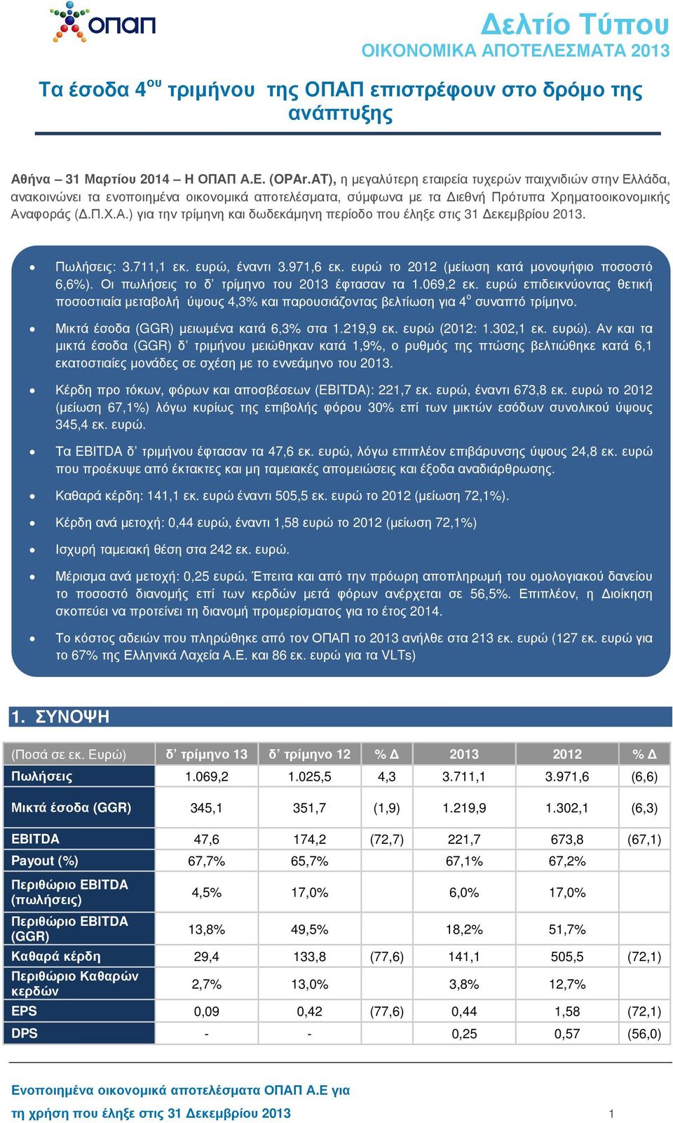 αφοράς (.Π.Χ.Α.) για την τρίµηνη και δωδεκάµηνη περίοδο που έληξε στις 31 εκεµβρίου 2013. Πωλήσεις: 3.711,1 εκ. ευρώ, έναντι 3.971,6 εκ. ευρώ το 2012 (µείωση κατά µονοψήφιο ποσοστό 6,6%).