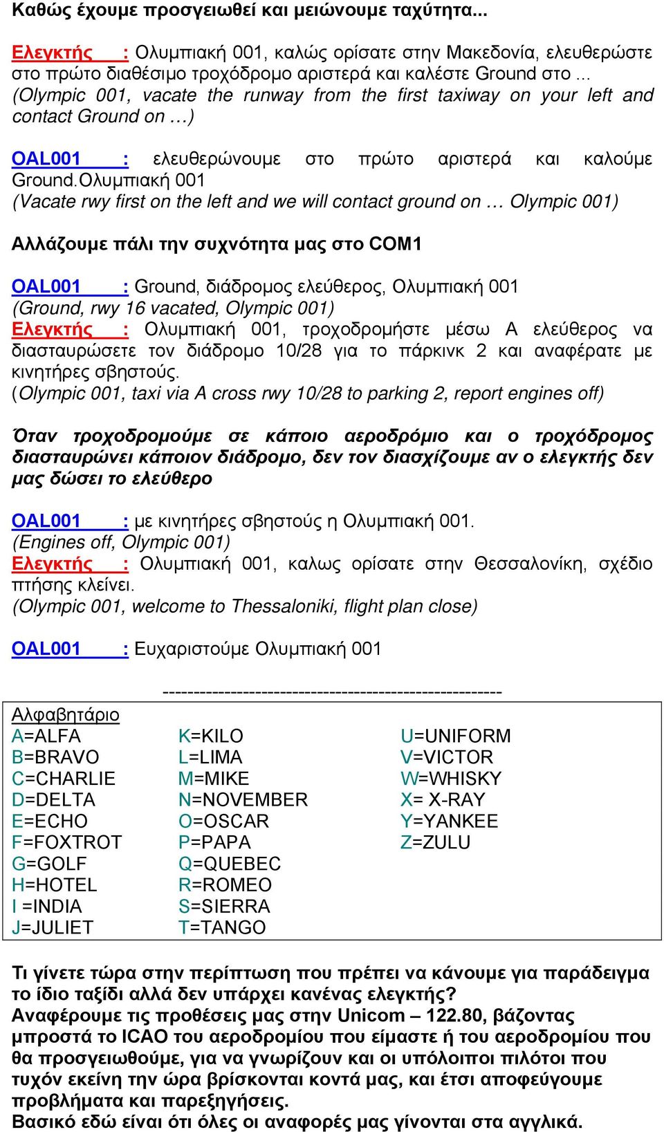 Ολυμπιακή 001 (Vacate rwy first on the left and we will contact ground on Olympic 001) Αλλάζουμε πάλι την συχνότητα μας στο COM1 OAL001 : Ground, διάδρομος ελεύθερος, Ολυμπιακή 001 (Ground, rwy 16