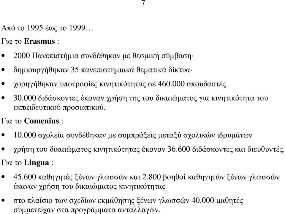 000 σχολεία συνδέθηκαν µε συµπράξεις µεταξύσχολικών ιδρυµάτων χρήση του δικαιώµατος κινητικότητας έκαναν 36.600 διδάσκοντες και διευθυντές. Για το Lingua : 45.