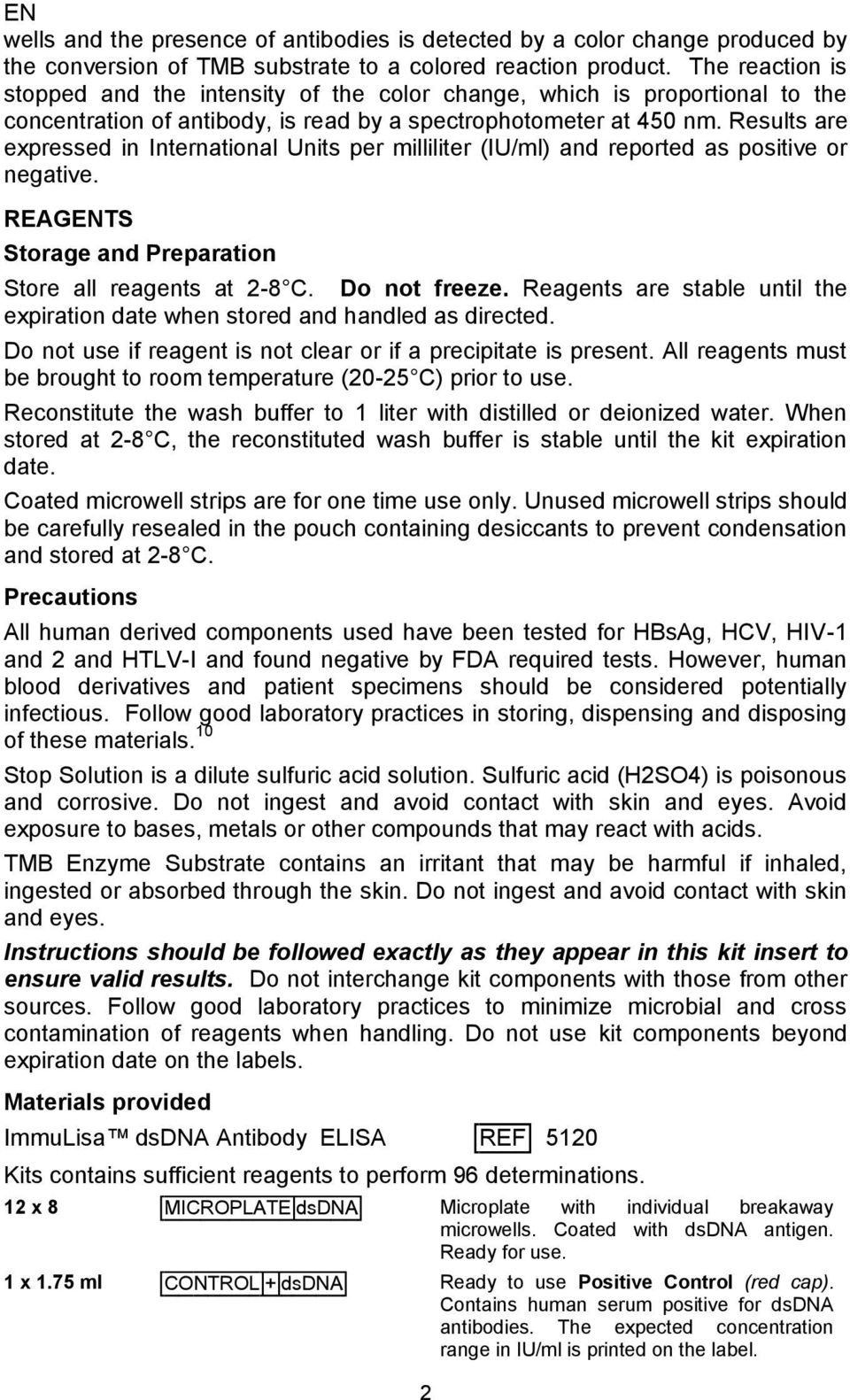 Results are expressed in International Units per milliliter (IU/ml) and reported as positive or negative. REAGENTS Storage and Preparation Store all reagents at 2-8 C. Do not freeze.