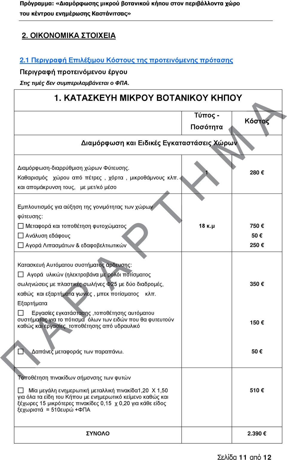 ΚΤΣΚΕΥΗ ΜΙΚΟΥ ΒΟΤΝΙΚΟΥ ΚΗΠΟΥ Τύπος - Ποσότητα Διαμόρφωση και Ειδικές Εγκαταστάσεις Χώρων Διαμόρφωση-διαρρύθμιση χώρων Φύτευσης. Καθαρισμός χώρου από πέτρες, χόρτα, μικροθάμνους κλπ.