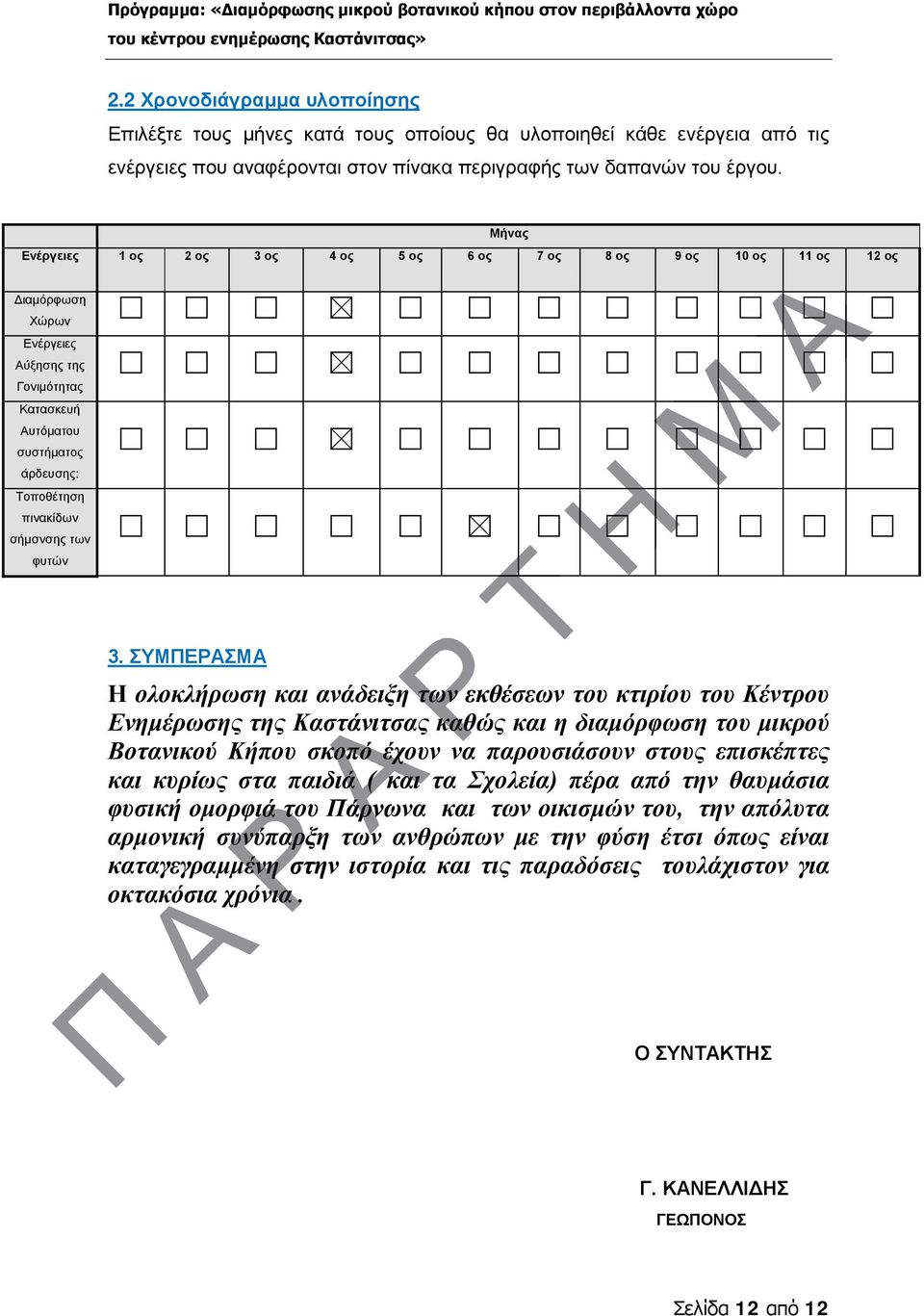 Μήνας Ενέργειες 1 ος 2 ος 3 ος 4 ος 5 ος 6 ος 7 ος 8 ος 9 ος 10 ος 11 ος 12 ος Διαμόρφωση Χώρων Ενέργειες ύξησης της Γονιμότητας Κατασκευή υτόματου συστήματος άρδευσης: Τοποθέτηση πινακίδων σήμσνσης