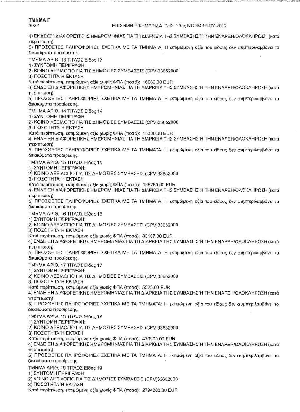 13 ΤΙΤΛΟΣ Είδος 13 2) ΚΟΙΝΟ ΛΕΞΙΛΟΓΙΟ ΠΑ ΤΙΣ ΔΗΜΟΣΙΕΣ ΣΥΜΒΑΣΕΙΣ (CPV)33652000 Κατά περίπτωση, εκτιμώμενη αξία χωρίς ΦΠΑ (ποσά): 16062.