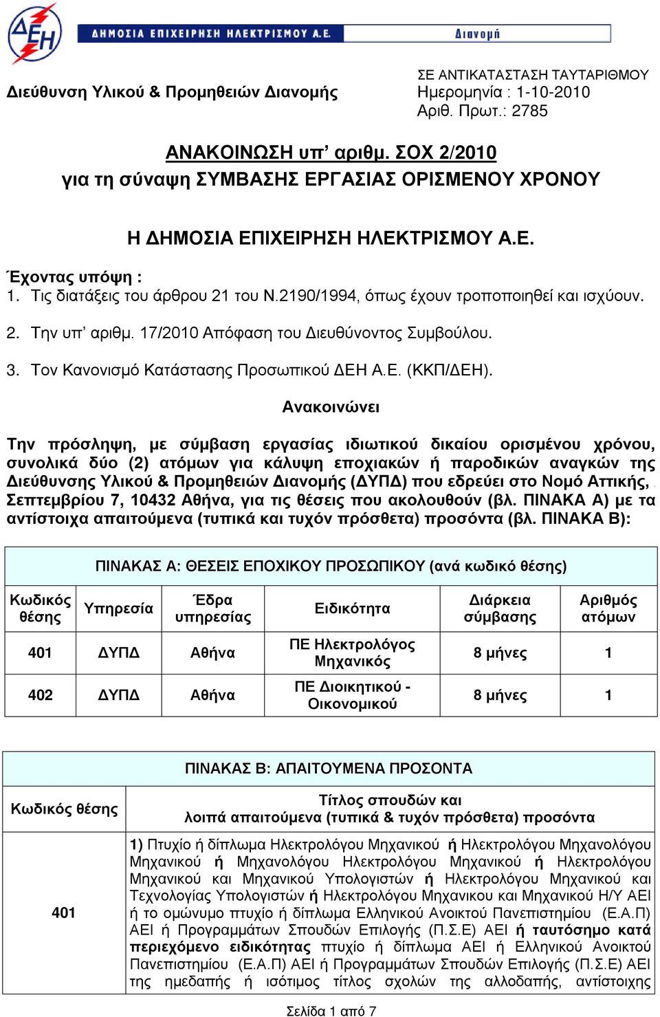 2. Την υπ αριθμ. 17/2010 Απόφαση του Διευθύνοντος Συμβούλου. 3. Τον Κανονισμό Κατάστασης Προσωπικού ΔΕΗ Α.Ε. (ΚΚΠ/ΔΕΗ).