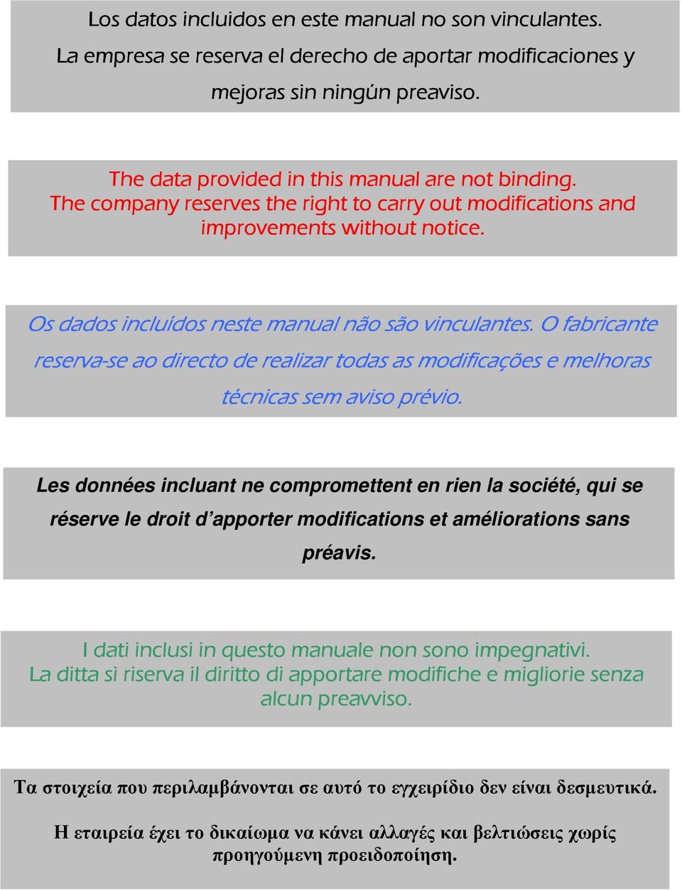 The company reserves the right to carry out modifications and improvements without notice. Os dados incluídos neste manual não são vinculantes.