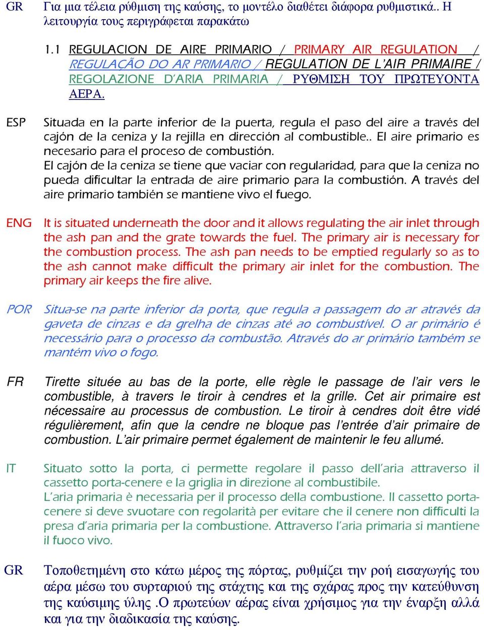 ESP Situada en la parte inferior de la puerta, regula el paso del aire a través del cajón de la ceniza y la rejilla en dirección al combustible.