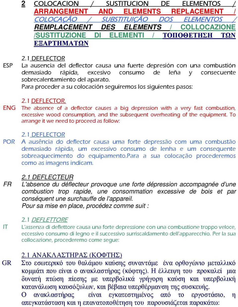 1 DEFLECTOR ESP La ausencia del deflector causa una fuerte depresión con una combustión demasiado rápida, excesivo consumo de leña y consecuente sobrecalentamiento del aparato.